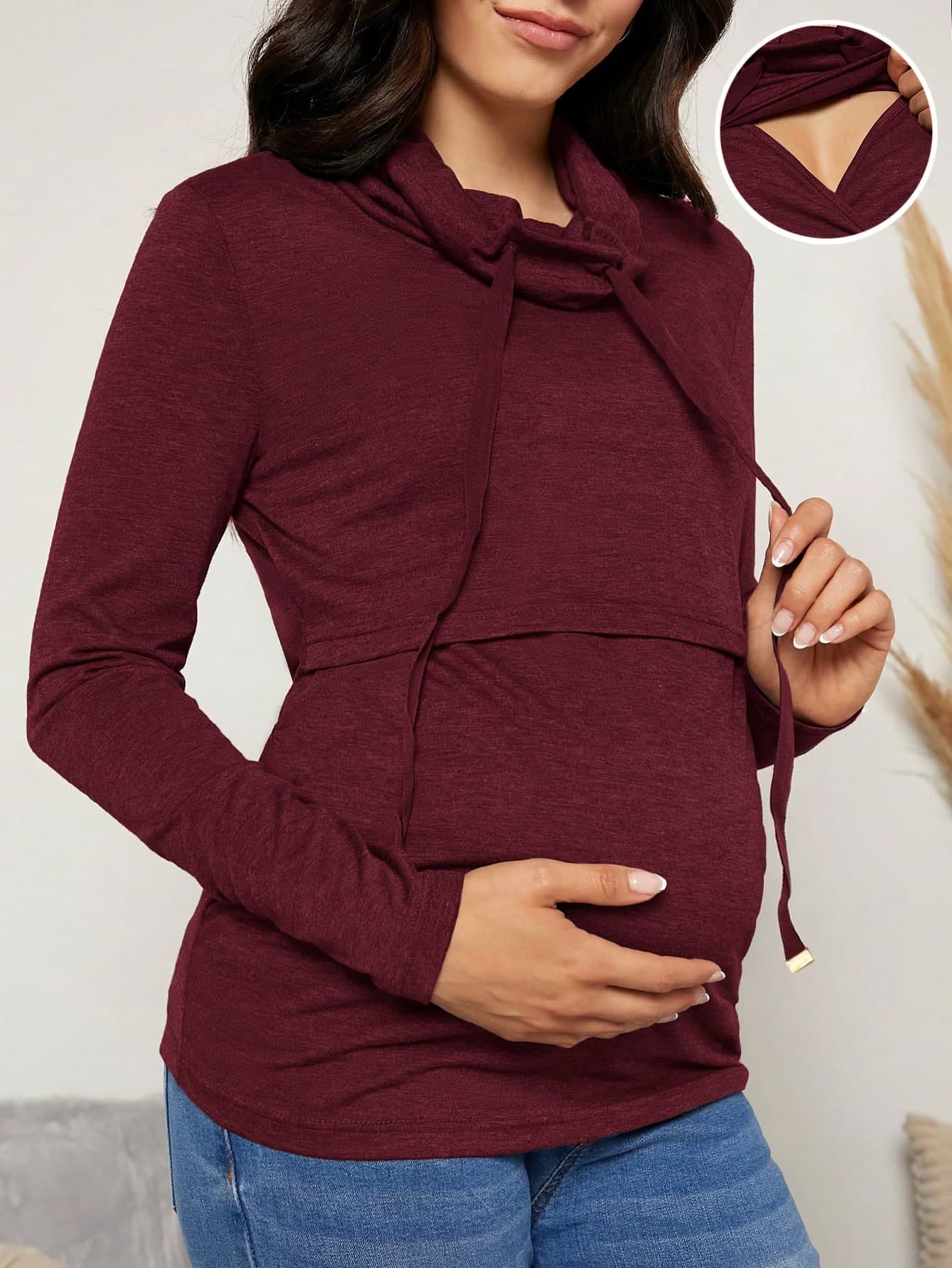 SHEIN Pregnant Women Solid Color Long Sleeve Drawstring Breastfeeding Casual T-Shirt, Spring & Summer, For Maternity Fall