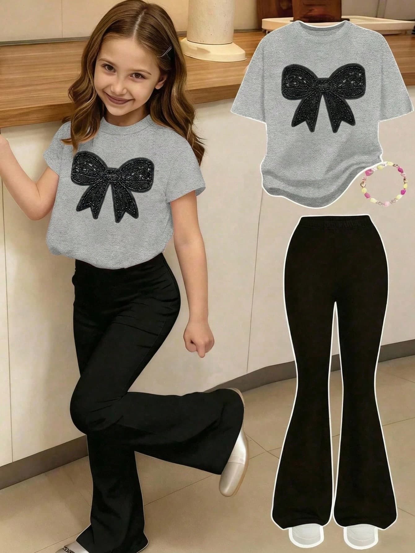 2pcs/Set Young Girl Casual Pearl Bow Graphic Grey Short Sleeve T-Shirt And Black Flare Pants,Cute Cartoon Stylish Summer Outfit,School,Back-To-School