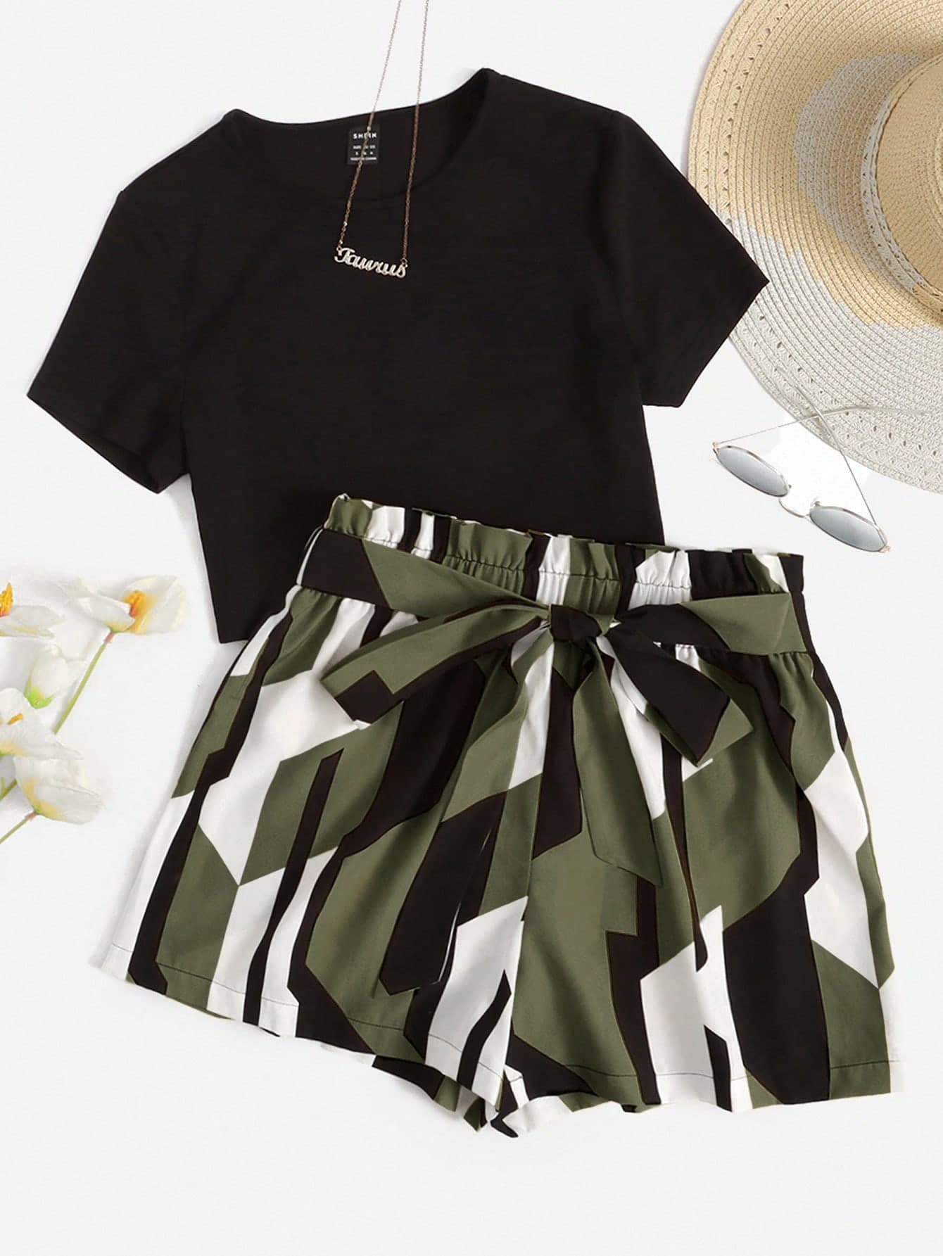 SHEIN Essnce Women's Summer Outfit Set: Black Crop Top And Abstract Print Tie-Waist Shorts,Beach Outfits For Woman