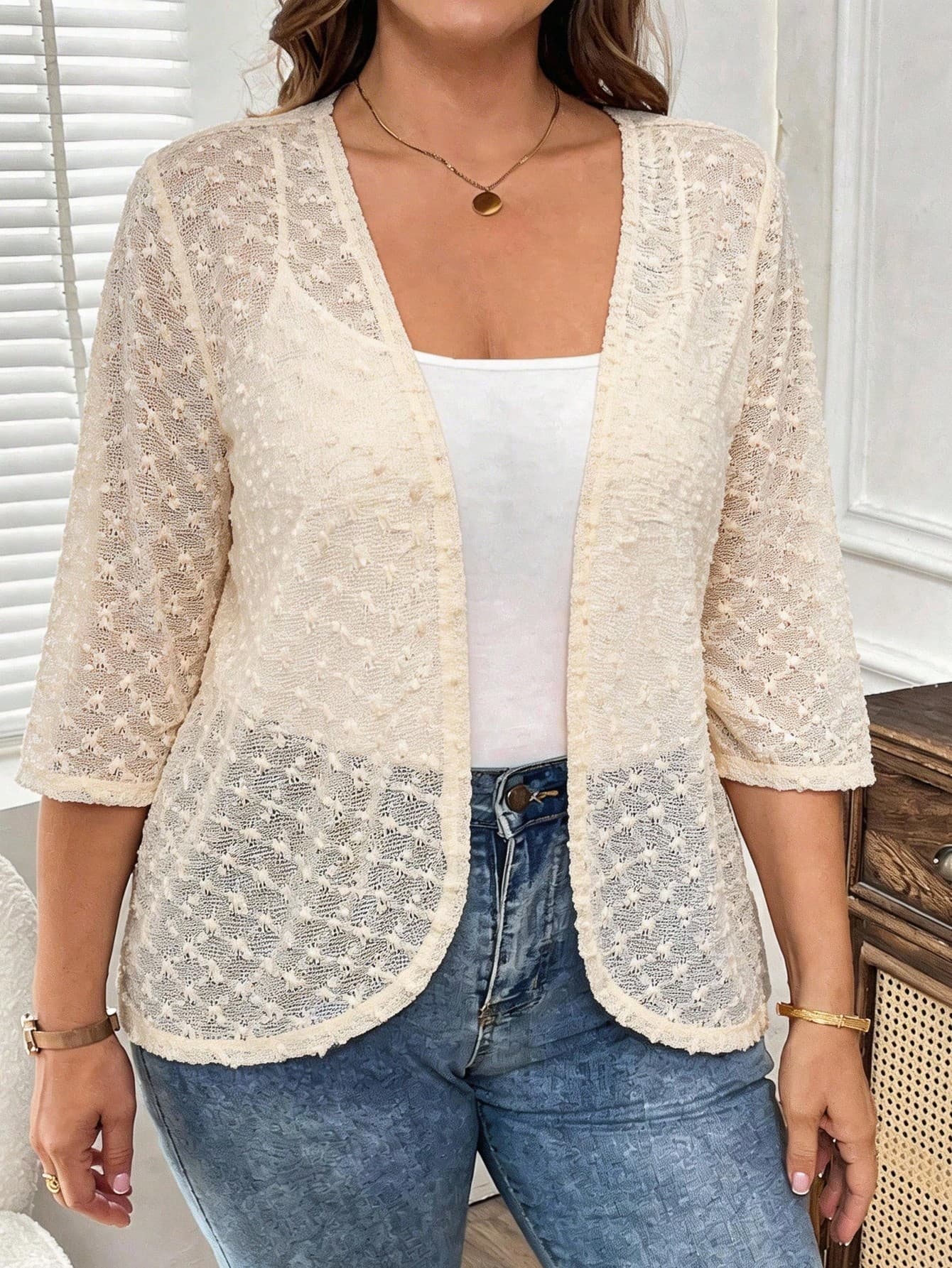 EMERY ROSE Plus Size Elegant Sheer Lace Jacket For Women, Lightweight Solid Color Crochet Cardigan,Casual BOHO Summer Beach Vacation Peplum Outerwear