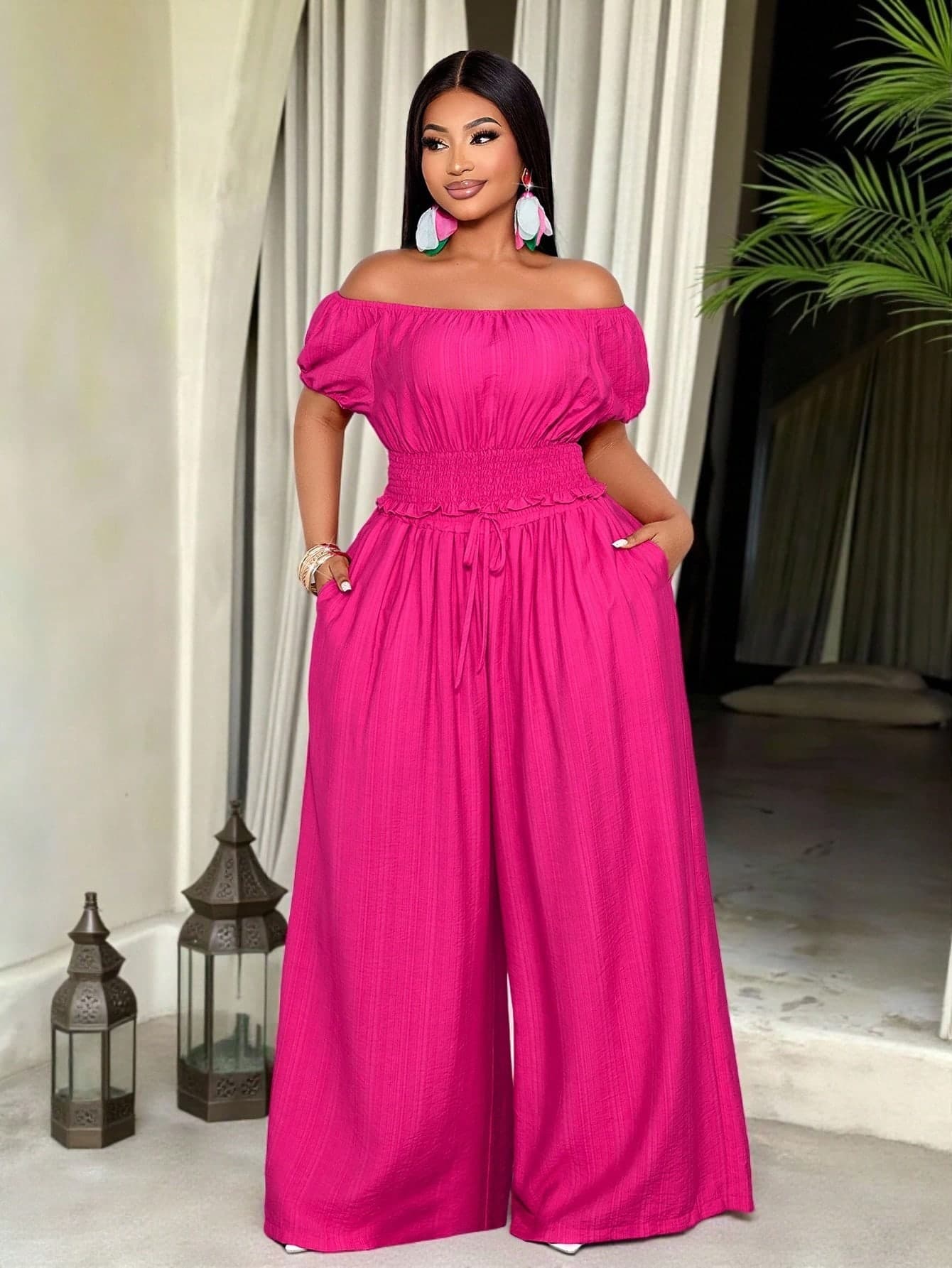SOLERSUN Plus-Size Women's Off-The-Shoulder Textured Blouse & Wide-Leg Pants 2pcs Set,Cerise Pink,Summer,Vacation,Wedding Ninang Curve Drawstring Jumpsuit