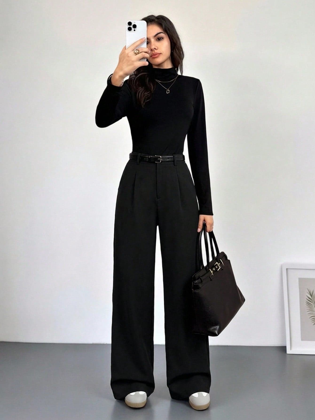 SHEIN Tall Women Black Winter Elegant Office Trousers,High Waisted Wide Leg Pants With Pockets,Business Professional Loose Baggy Bottoms For Autumn/Winter, Tall Women