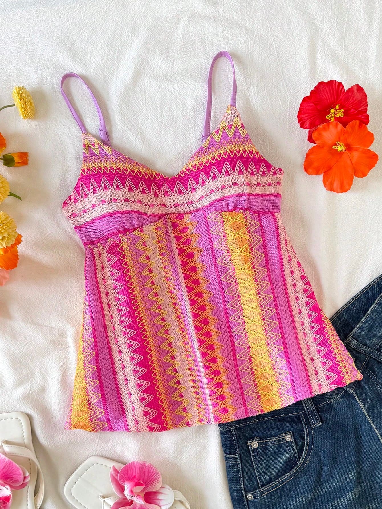 SHEIN Tween Girl Pink Geometric Retro Pattern Textured Cami Top,Sleeveless V-Neck Summer Boho Beach Holiday Vacation Casual Top,Youth Girly Y2k Cute Clothes