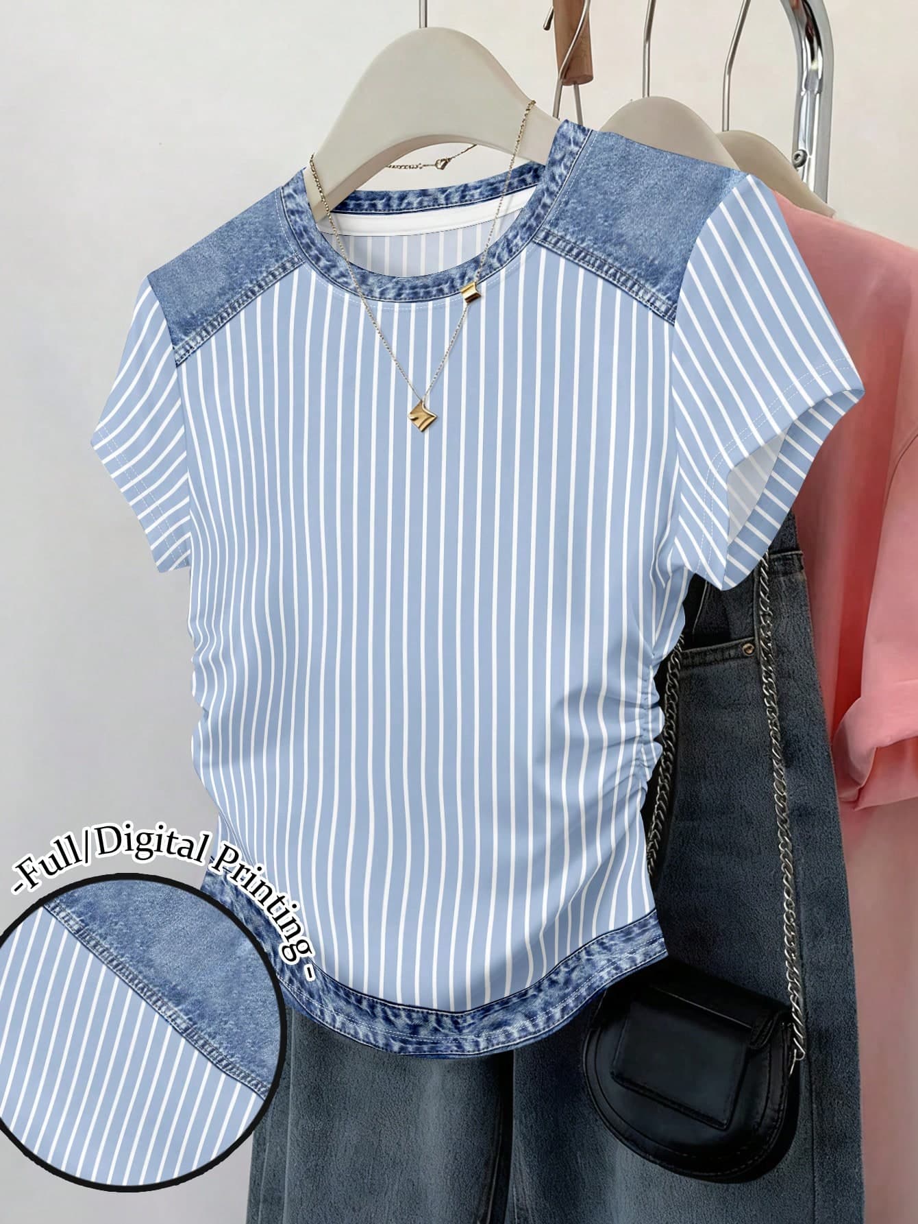 SHEIN Women's Waist Cinched Multicolor Stripe Denim Patchwork Print Graphic Short Sleeve Tee Tops T-Shirt