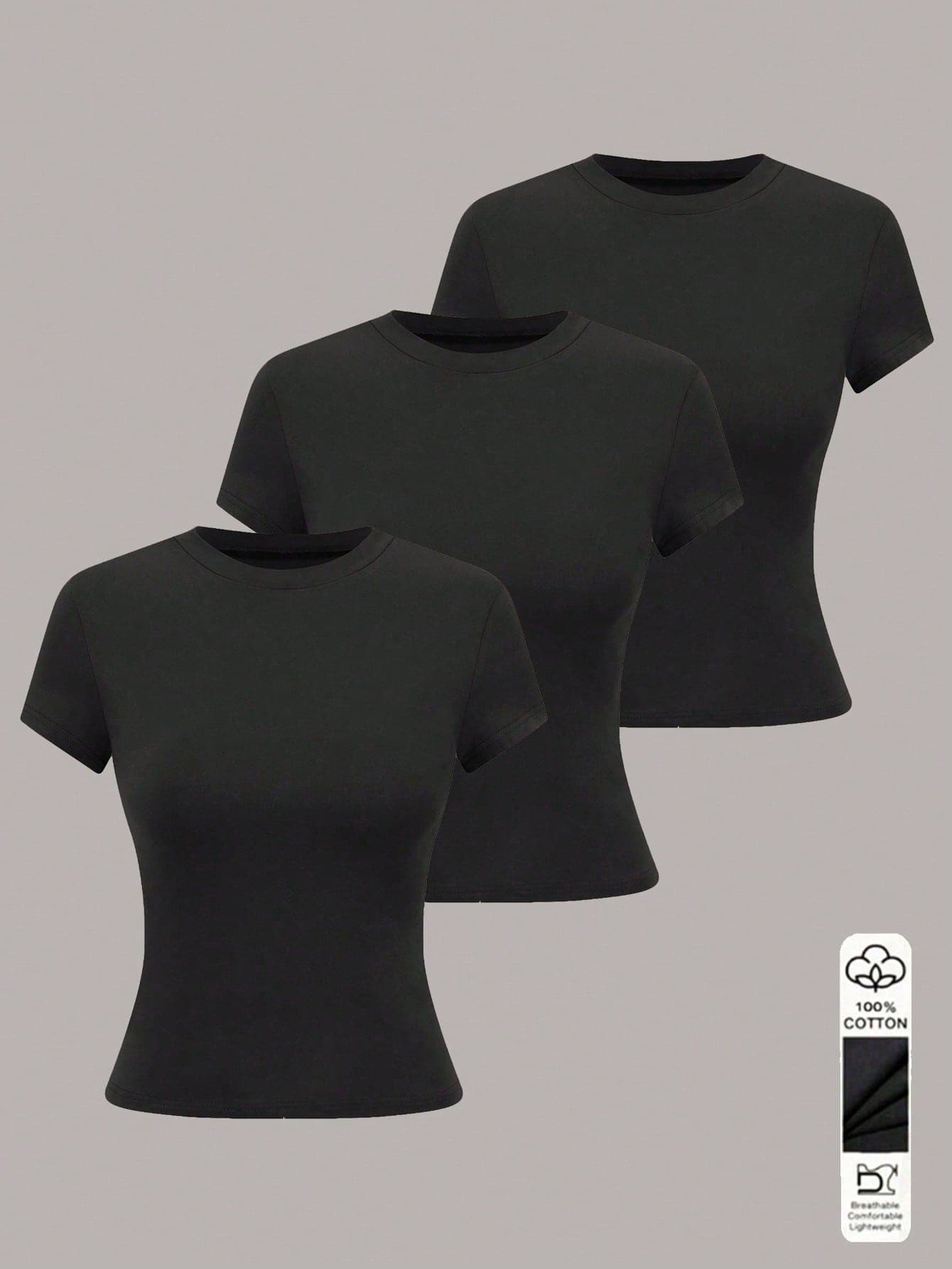 Franclia 3pcs/Set Women's Solid Color Round Neck Short Sleeve Casual Versatile T-Shirt