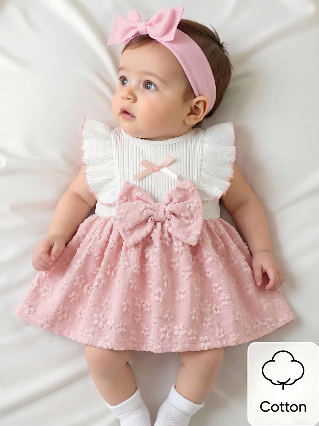 SHEIN Newborn Baby Girl White Sleeveless Lace Collar Patchwork Pink Bow Dress New Elegant Retro Cute Fabric Comfortable Babygirl Born Dresses