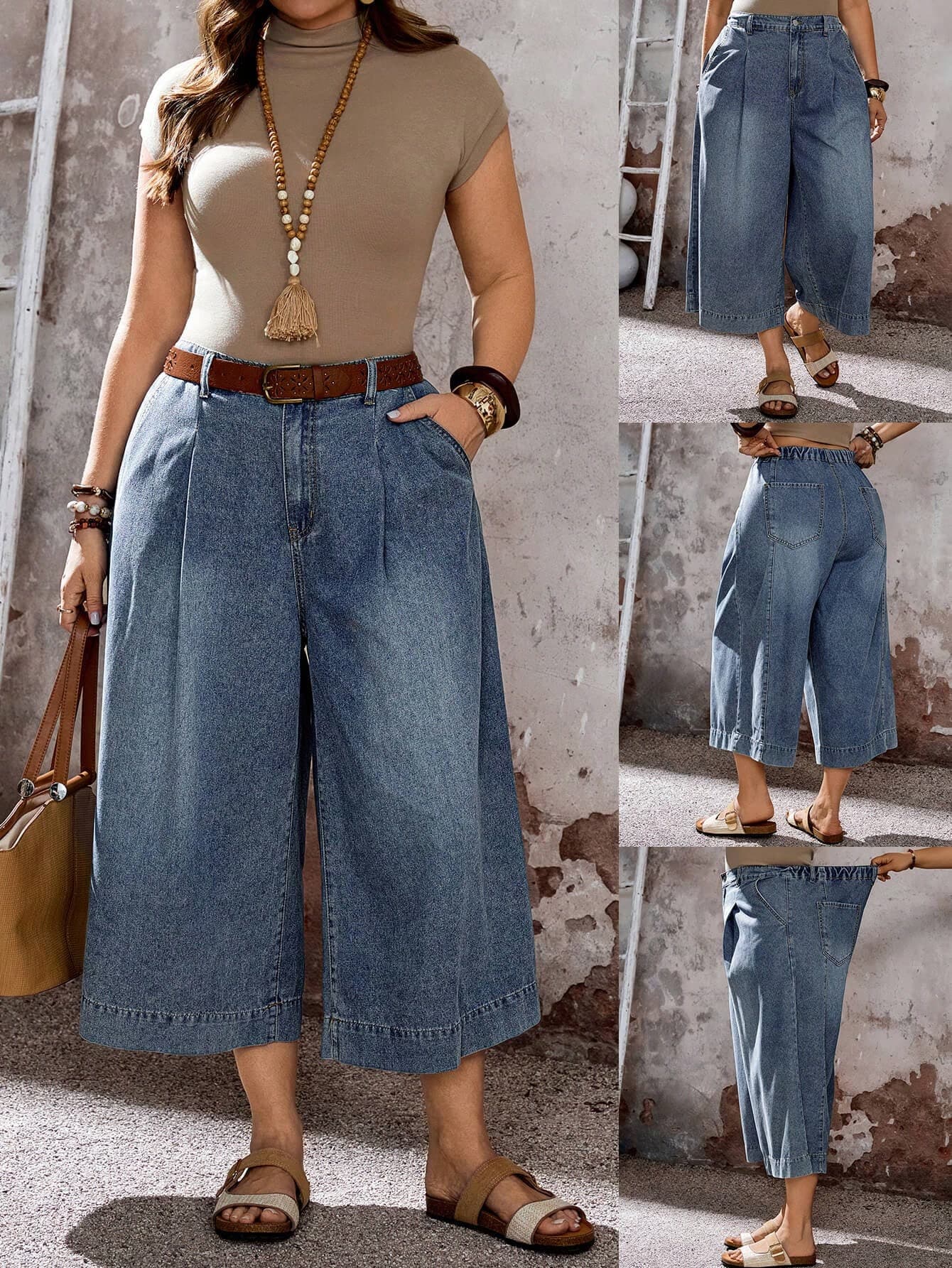 EMERY ROSE EMERY ROSE Plus Size Women Dark Blue Wide Leg Jeans,Summer Boho Pocketed Button Pleated Casual Vacation Denim Pants,Fashion High Waist Western Wear Streetwear