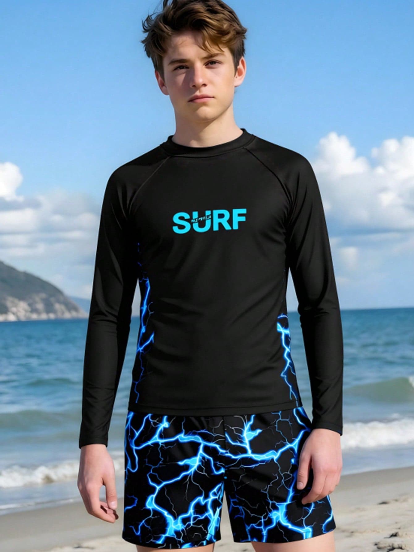 Teen Boys Swimwear,Black Long Sleeve Surf Rashguard With Swim Trunks,Summer Beach Holiday Print Knit Tankini Set,Fashionable Youth Swim Shirt Suit