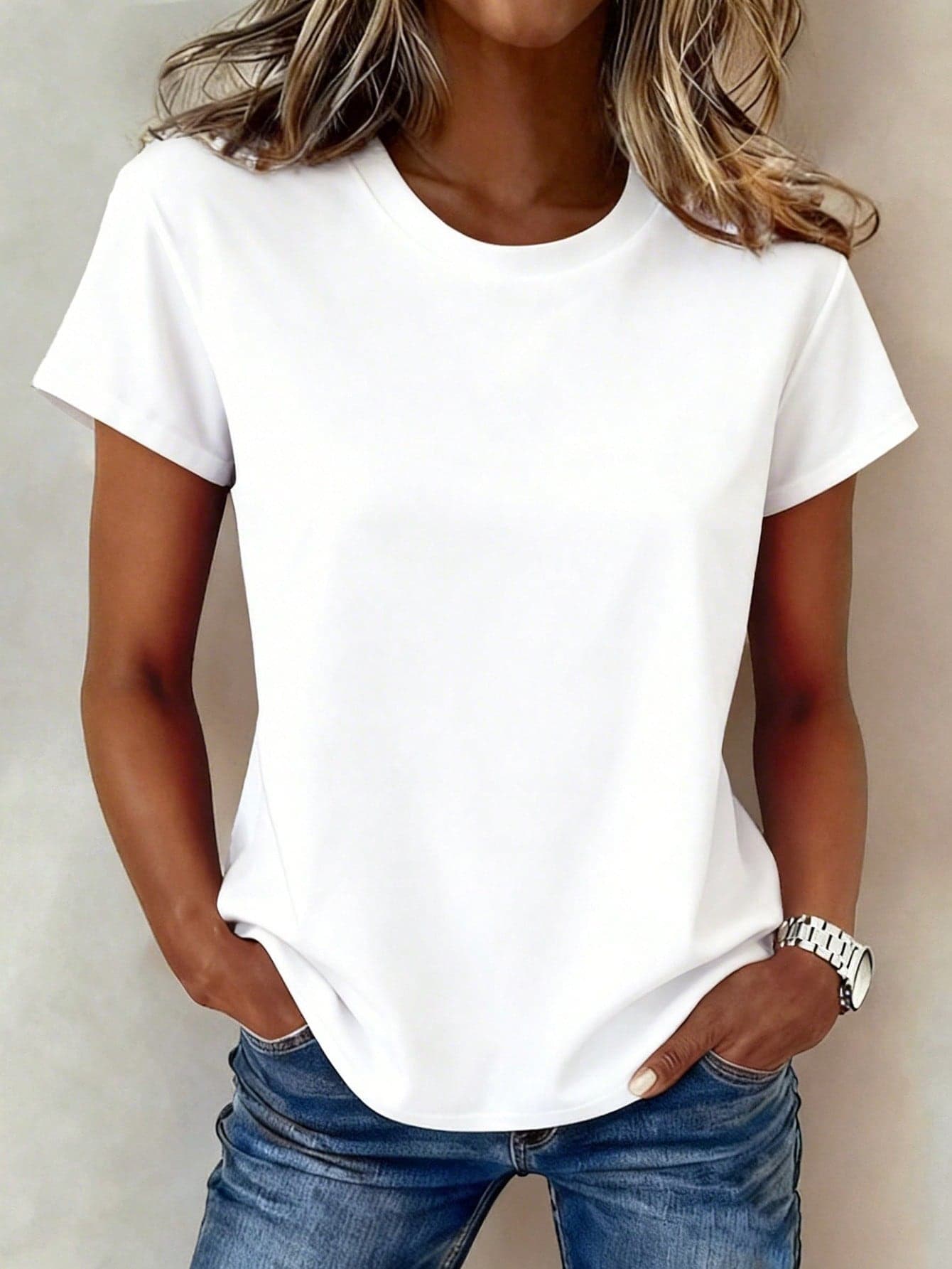 EMERY ROSE Women's Solid Color Casual Versatile Round Neck Short Sleeve T-Shirt