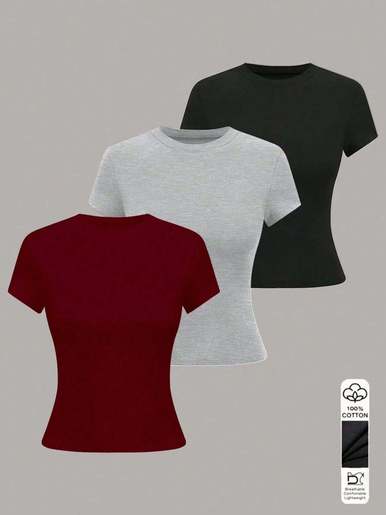Franclia 3pcs/Set Women's Casual Solid Color Short Sleeve T-Shirts