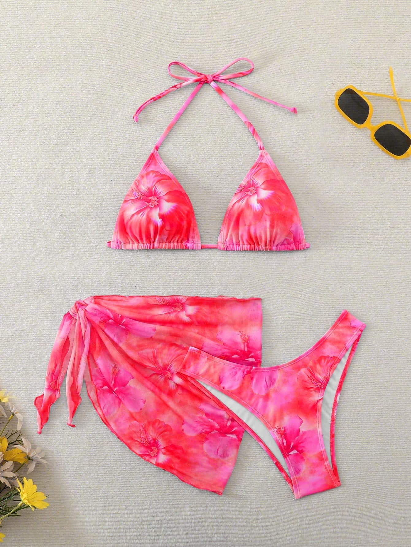 Swim Mod Women's Floral Print Halter Tie Swimwear Set