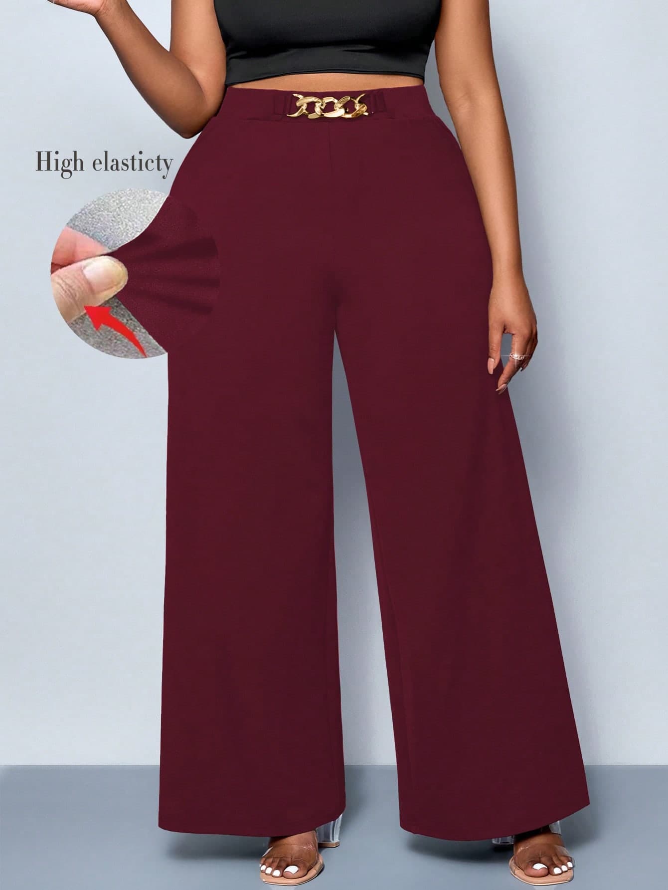 SOLERSUN Plus Size Women's Elegant Burgundy Wide Leg Pants,Autumn Solid Color Belt Details High Elasticity Trousers For Dinner,Parties,Commuting & Vacations