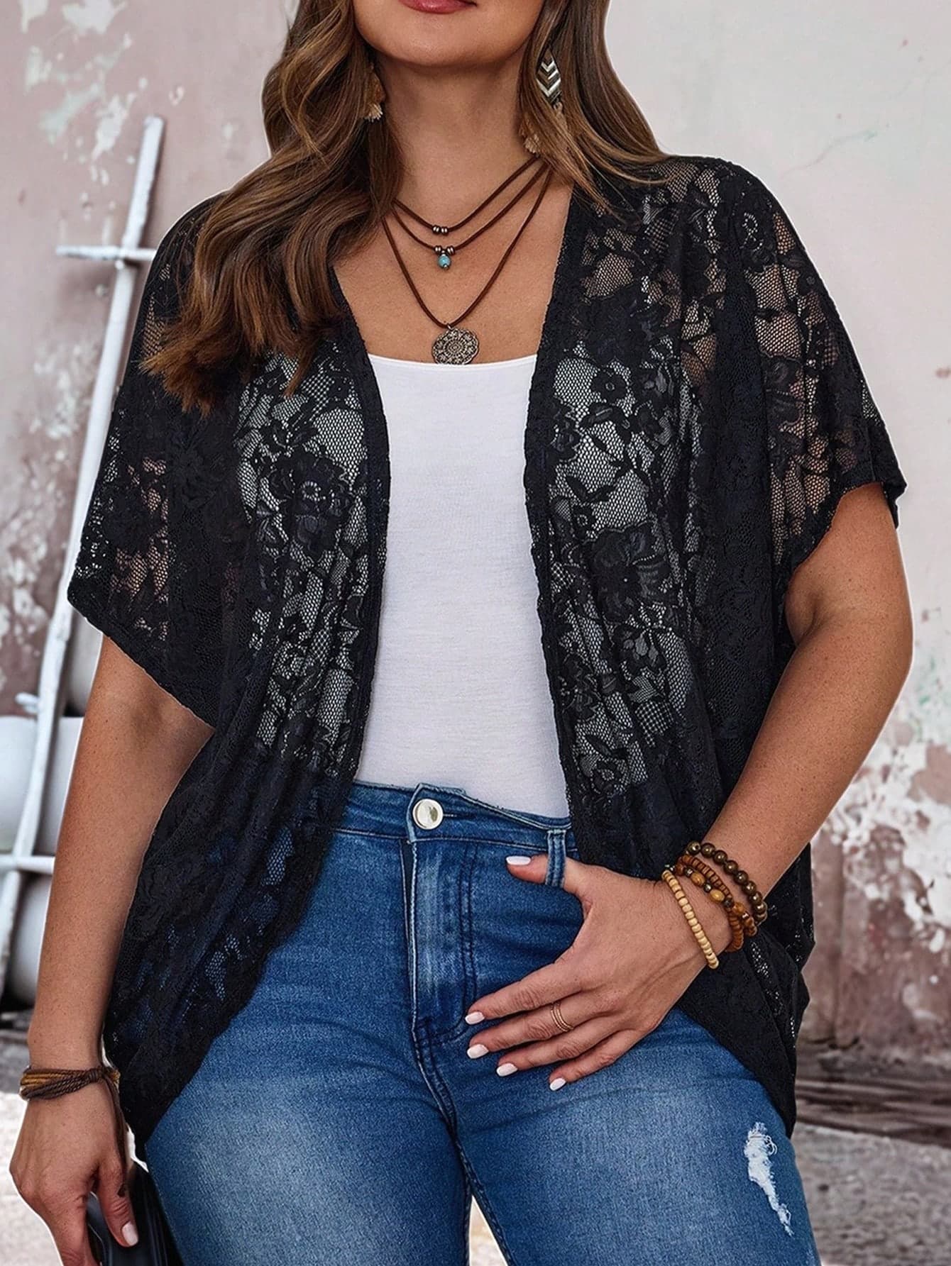 EMERY ROSE Plus Size Women Black Lace Lightweight Casual Jacket,Autumn Elegant Formal Evening Wedding Guest Kimono Sheer Cardigan,Summer Beach Cover Up Shrug