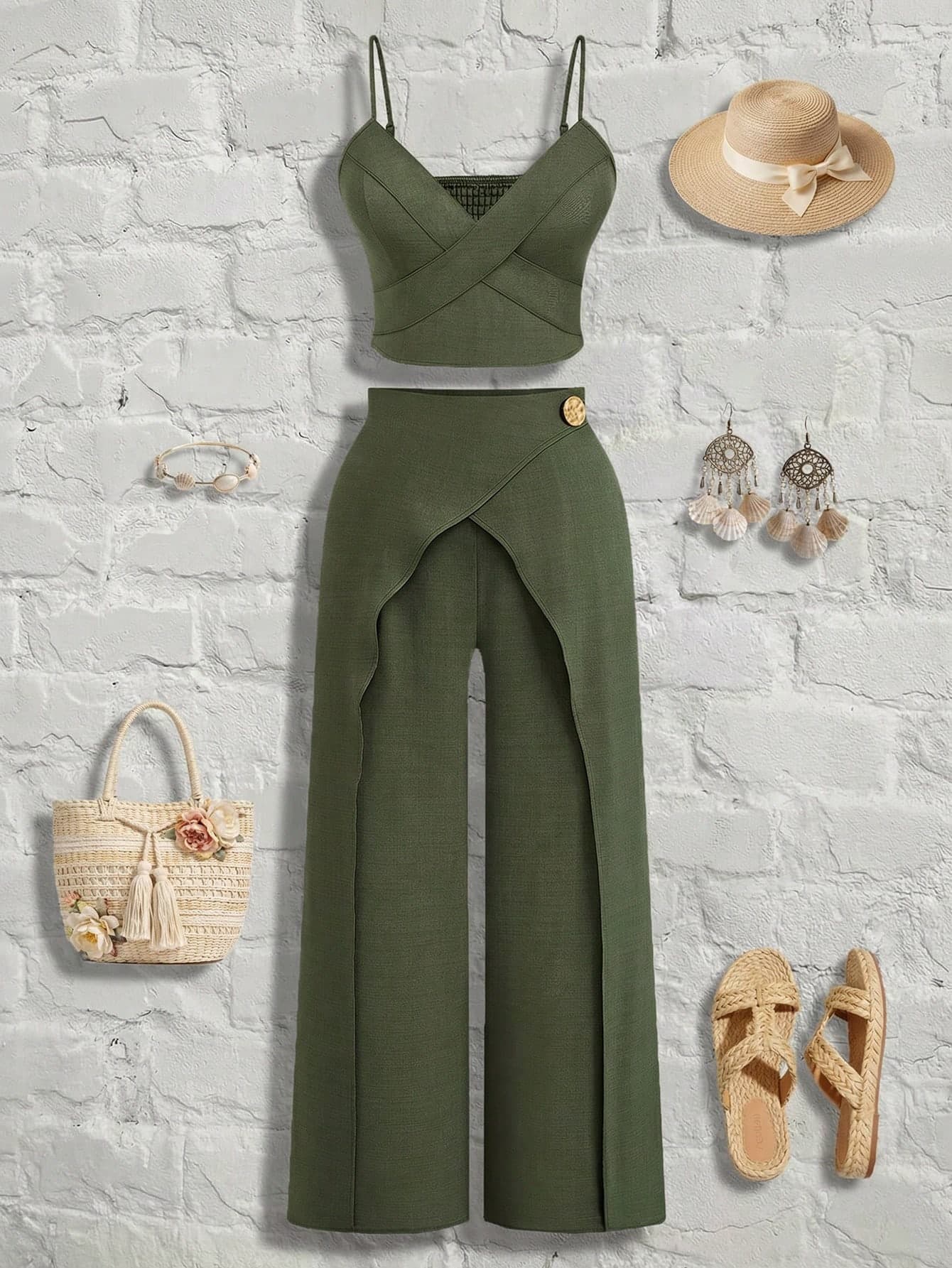 GlowEve CURVE Plus Size Women's Sleeveless Denim-Look Jumpsuit,Elegant 2-Piece Set Army Green,Summer,Boho,Vacation,Holiday Outfit With Elastic Waist & 2 In 1 Pants