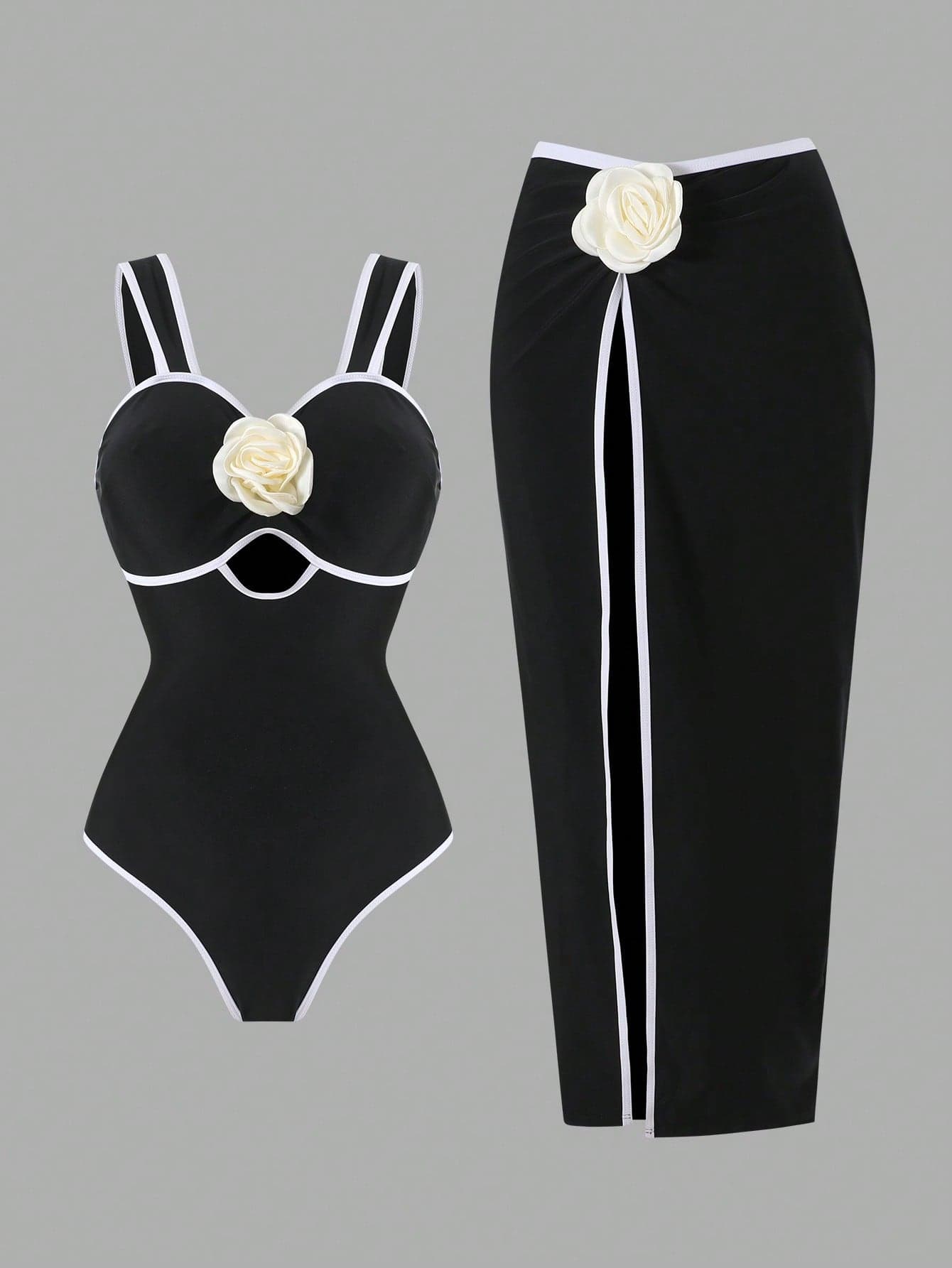 Swim Oasis Plus Size One-Piece Swimsuit Set, Black Solid Fabric With Camellia Decor, Minimalist European And American Fashion Swimwear