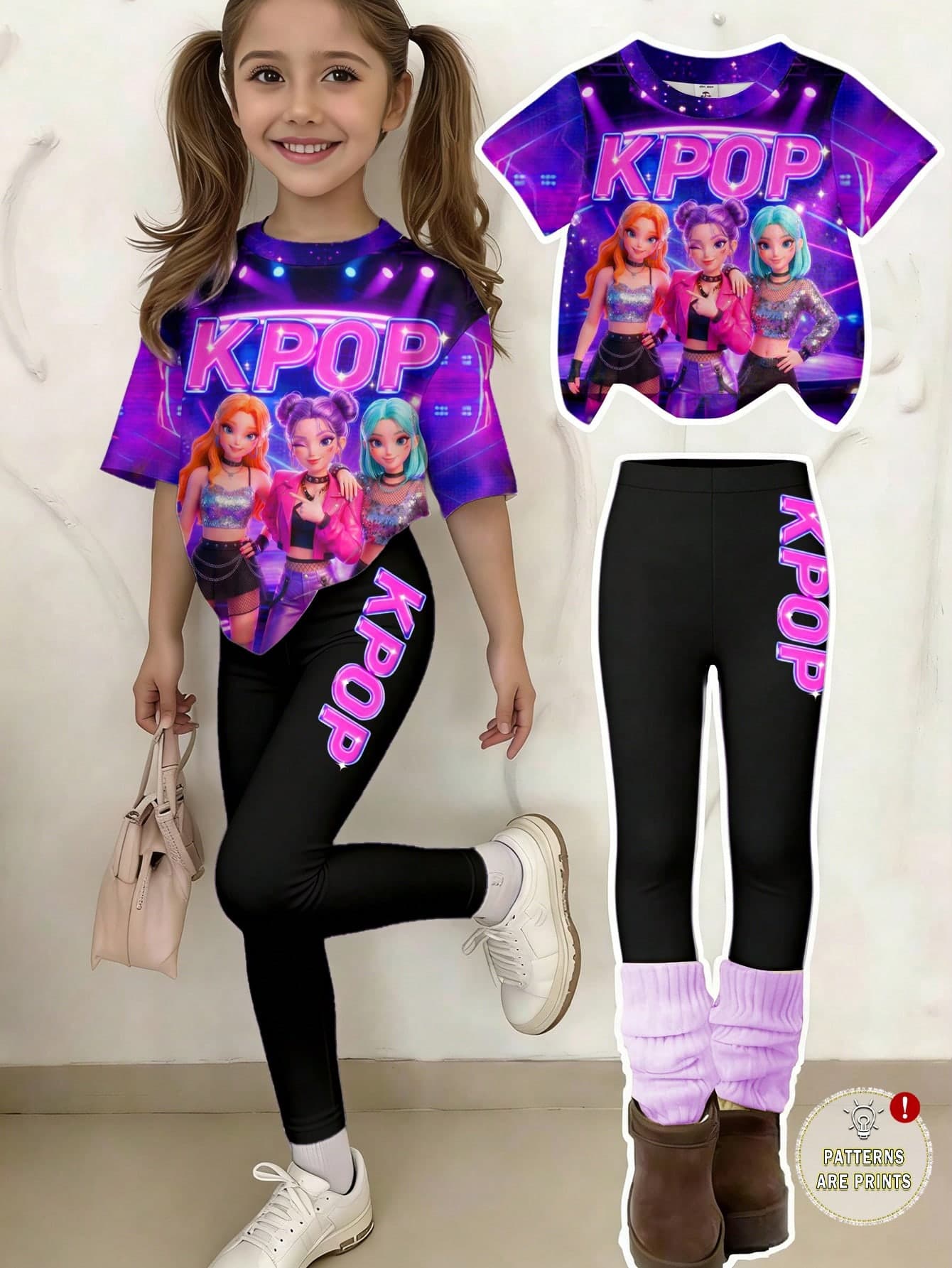 2pcs/Set Young Girls Purple Girl Group Outfit,Summer Short Sleeve T-Shirt & Tight Leggings,Vibrant Star Digital Print Soft Fashion Suit,4-7 Years