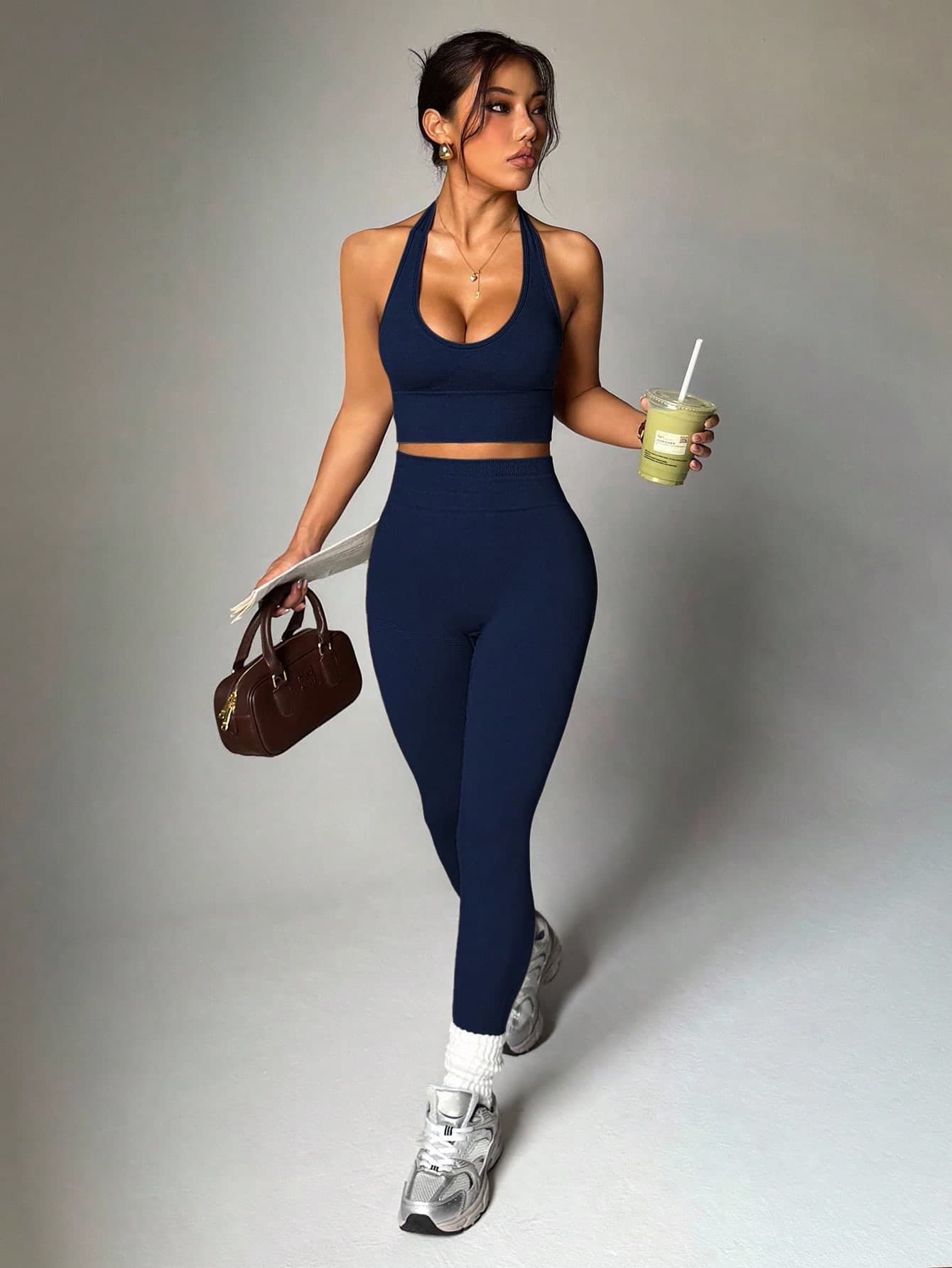 Dewbera Dewbera Women's Solid Color Minimalist Daily Halter Top And Pants Sports Suit Workout Set