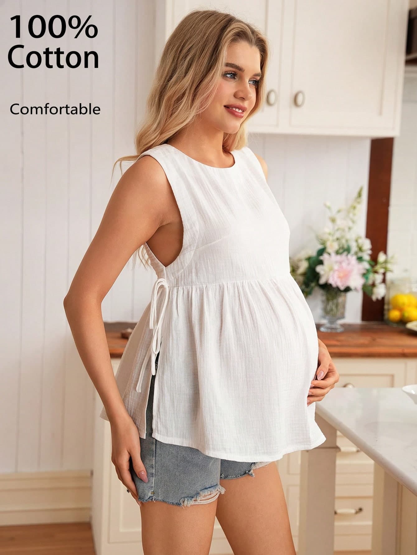 GentleRue Maternity Maternity Casual Loose Solid Color Side Slit Sleeveless Shirt