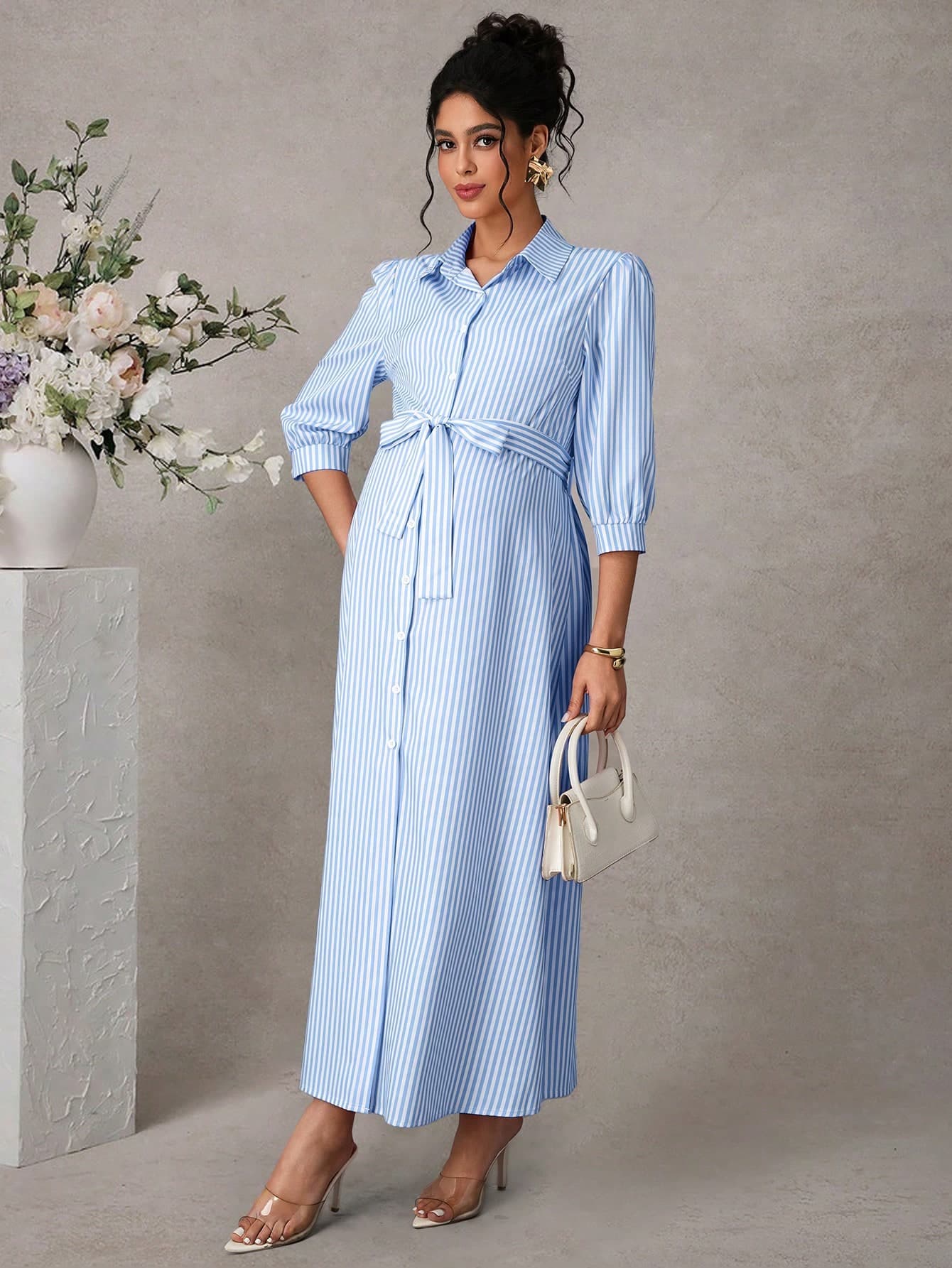 SHEIN Maternity Casual Striped Print Long Sleeve Shirt Dress