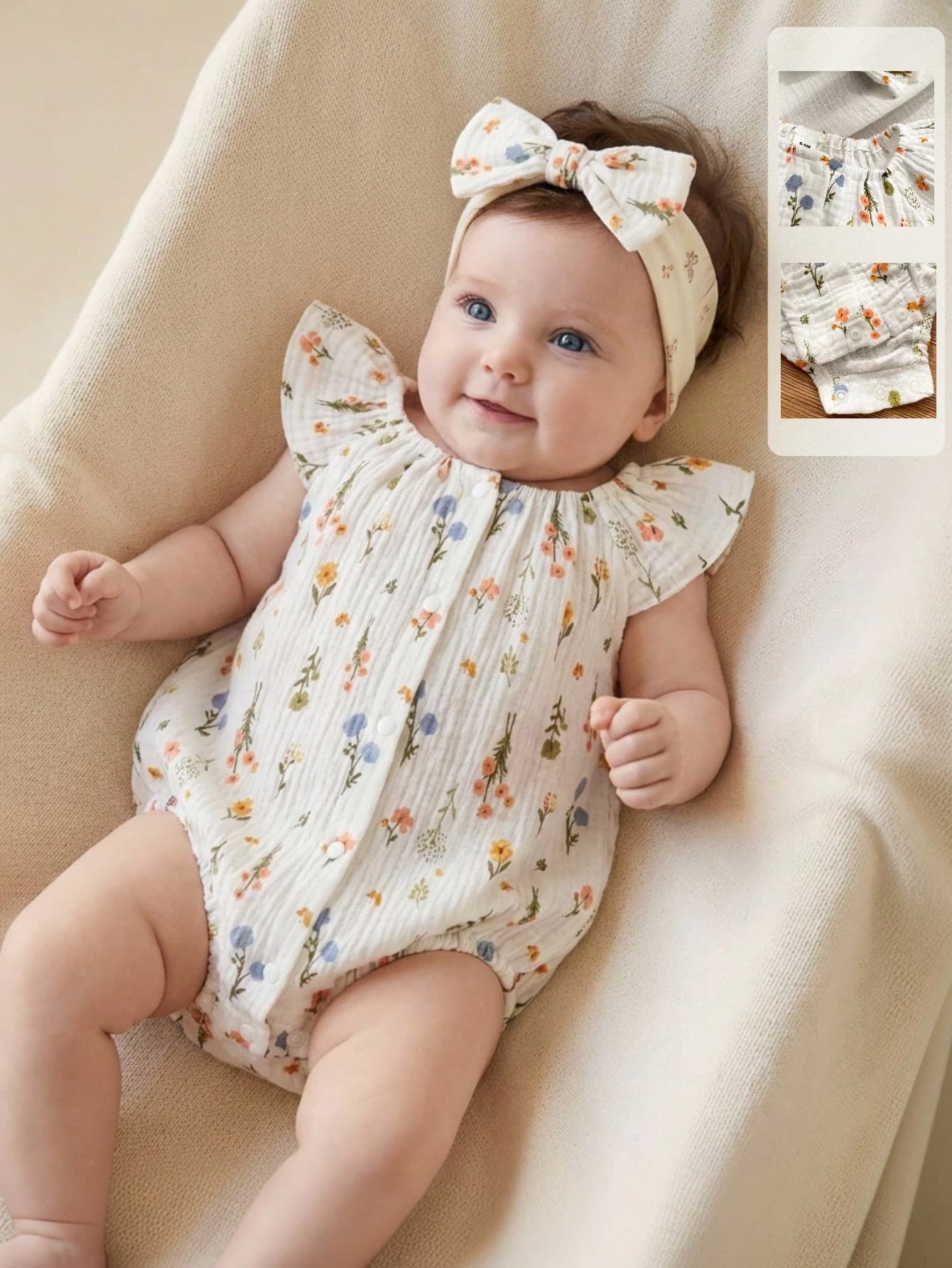 SHEIN Playful Pals 1pc Newly Born Baby Girls' Round Neck Flutter Sleeve White Cute Floral&Grass Print Summer Cotton Bodysuit With Headband,Snap Buttons For Photoshoot
