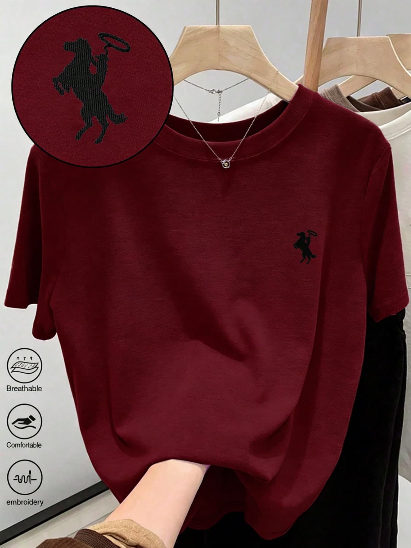 Resyla Women's Round Neck Knight Embroidery Print T-Shirt - Round Neck Casual Top - Lightweight T-Shirt Suitable For All Seasons