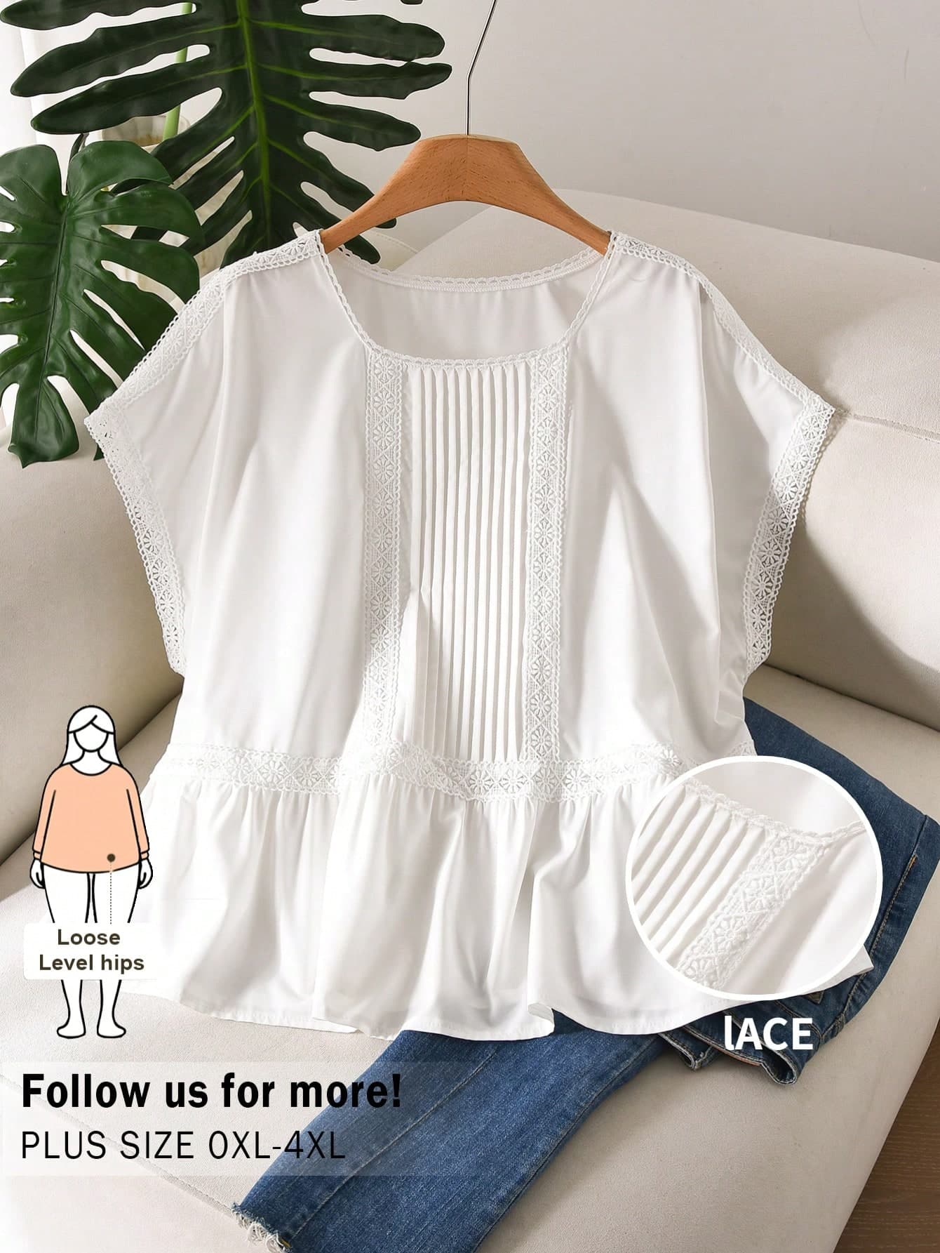 CosyJoli Plus Size Summer Casual Solid Color Lace Trim Blouse Pleated Top Babydoll Tops Woman  Nursing Top