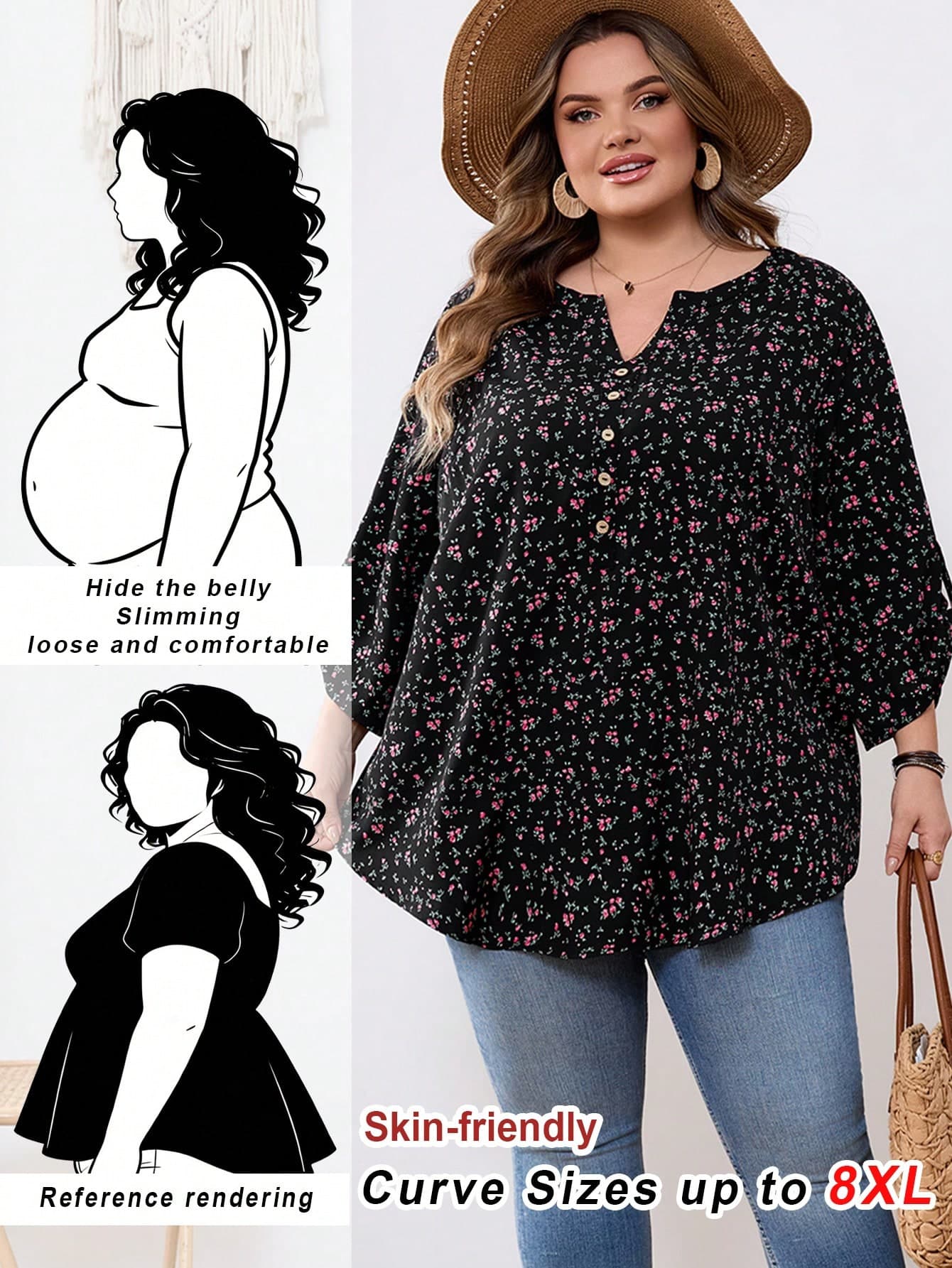 SHEIN CURVE+ Curve Size US22 Music Festival Seaside Vacation Bohemia Boho Women's Fully Printed Casual Loose Streetwear Daily Rolled Up Sleeves Shirt Black Autumn