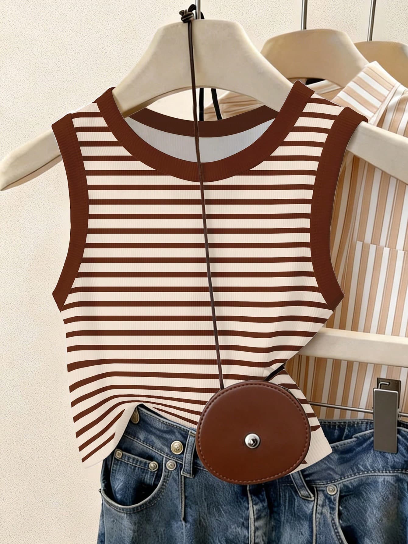 Resyla Coffee Color Striped Print Contrast Color Tank Top For Women