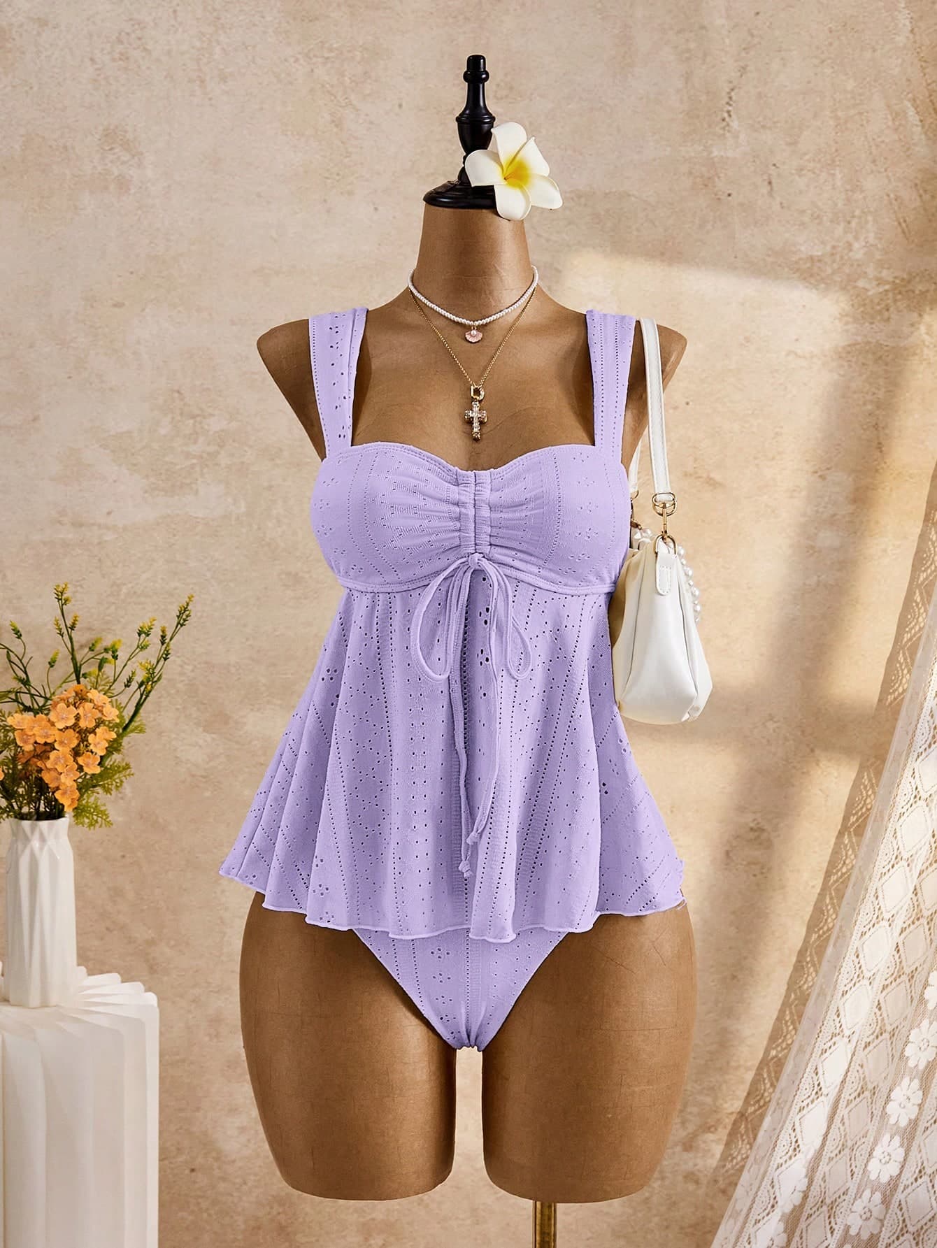Bellisia Women's Purple Summer Tropical Beach Holiday Vacation,Cute Jacquard Embroidery Camisole & Bikini Set,Boho Western Elegant Swimwear For Road Trip