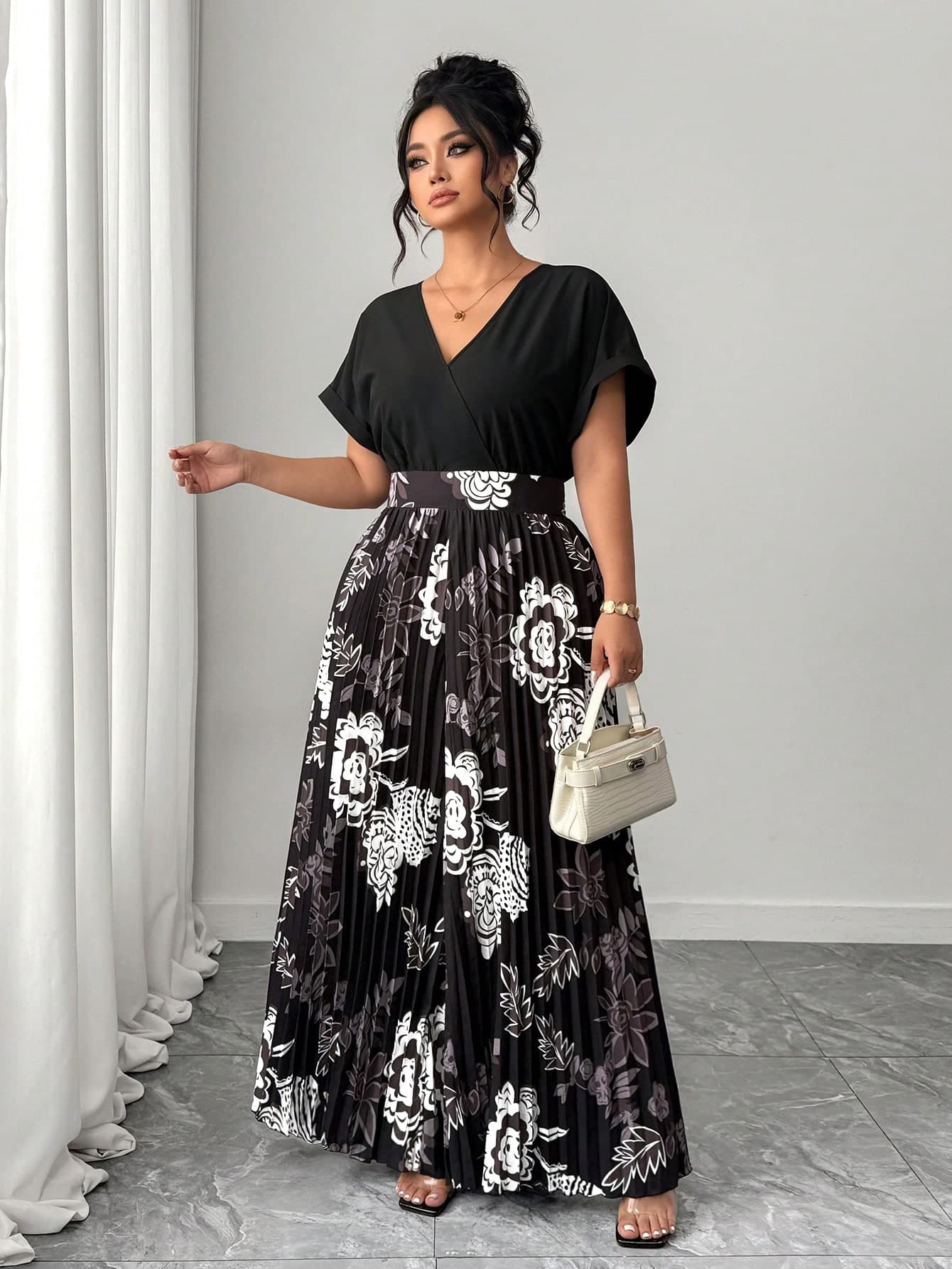 Elenzga Women's Elegant V-Neck Black And White Flower Pleated Jumpsuit, Plus Size Maxi Summer Dress, Formal Outfits, High-Quality Skirt Sets For Women