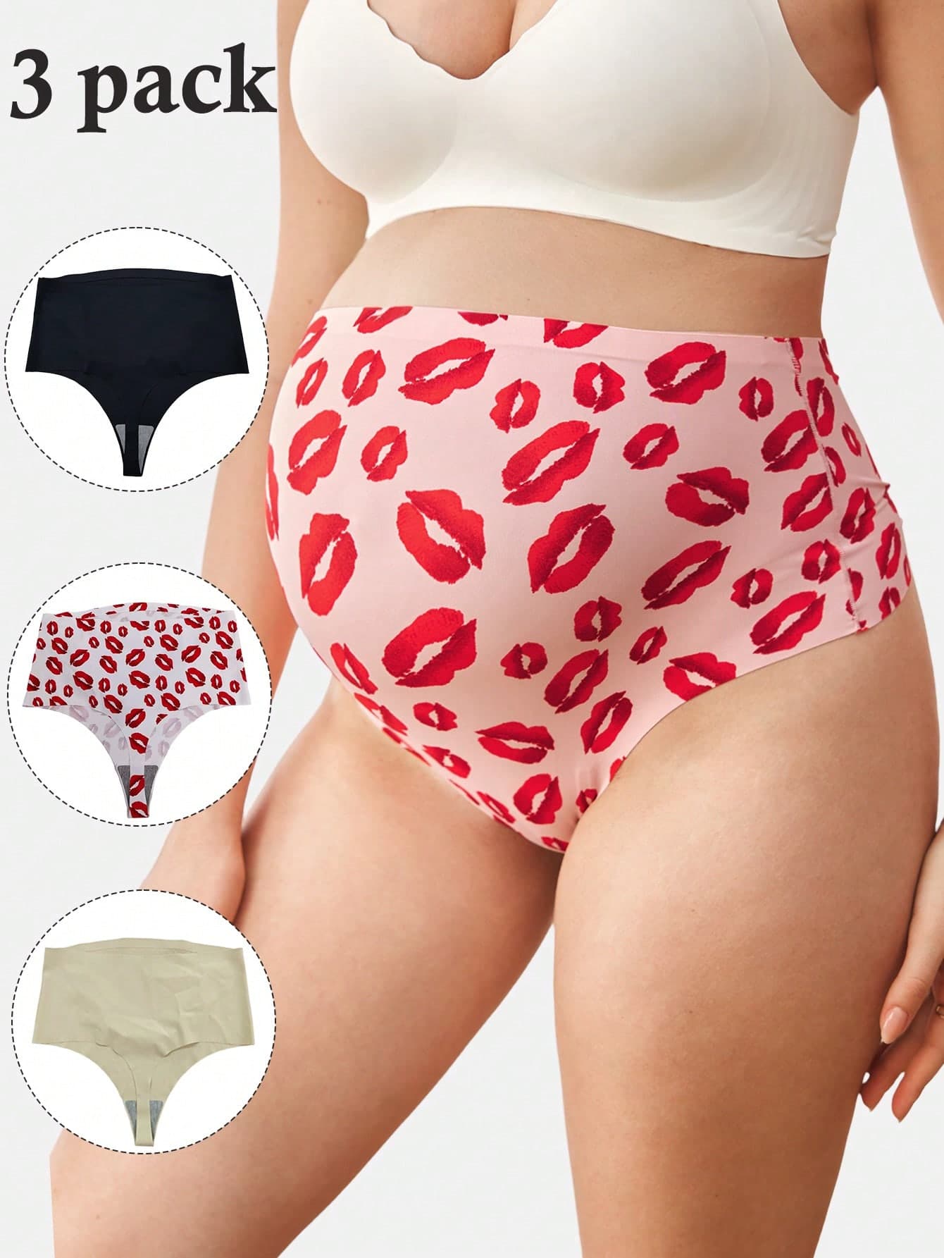 Moonlight&Mama 3pcs/Pack Lip Print Maternity Elastic Waist Panties