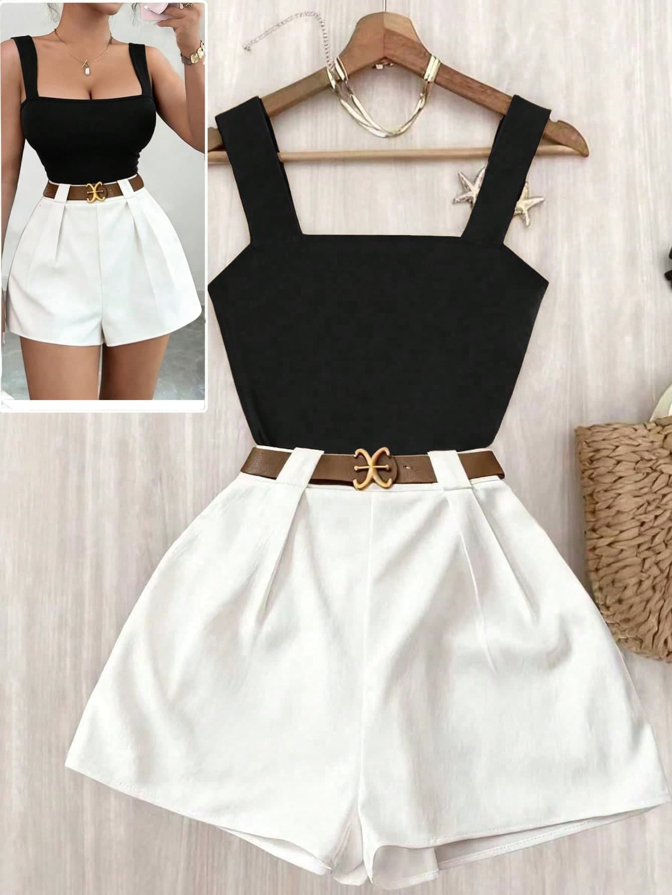 Elenzga French Elegant Women's 2 Pieces Set,Square Neck Camisole Fitted Top & Elastic Waist Wide Leg Shorts,White And Black,Summer,Casual,Vacation Outfit