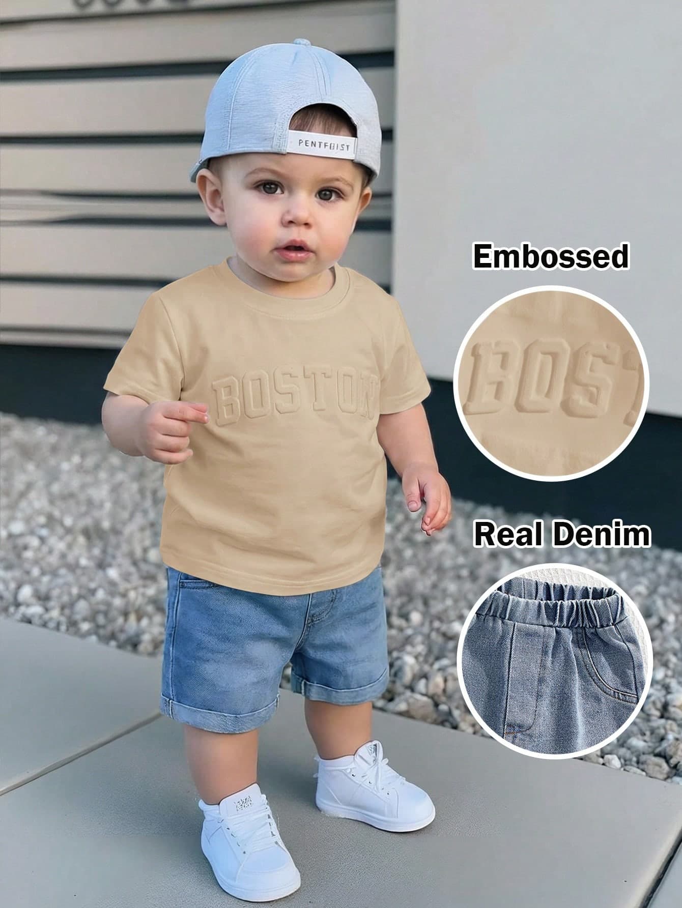 Bubblio 2pcs/Set Baby Boy Cute Cartoon Print Knit Short Sleeve T-Shirt & Elastic Waist Blue Denim Shorts Set, Summer