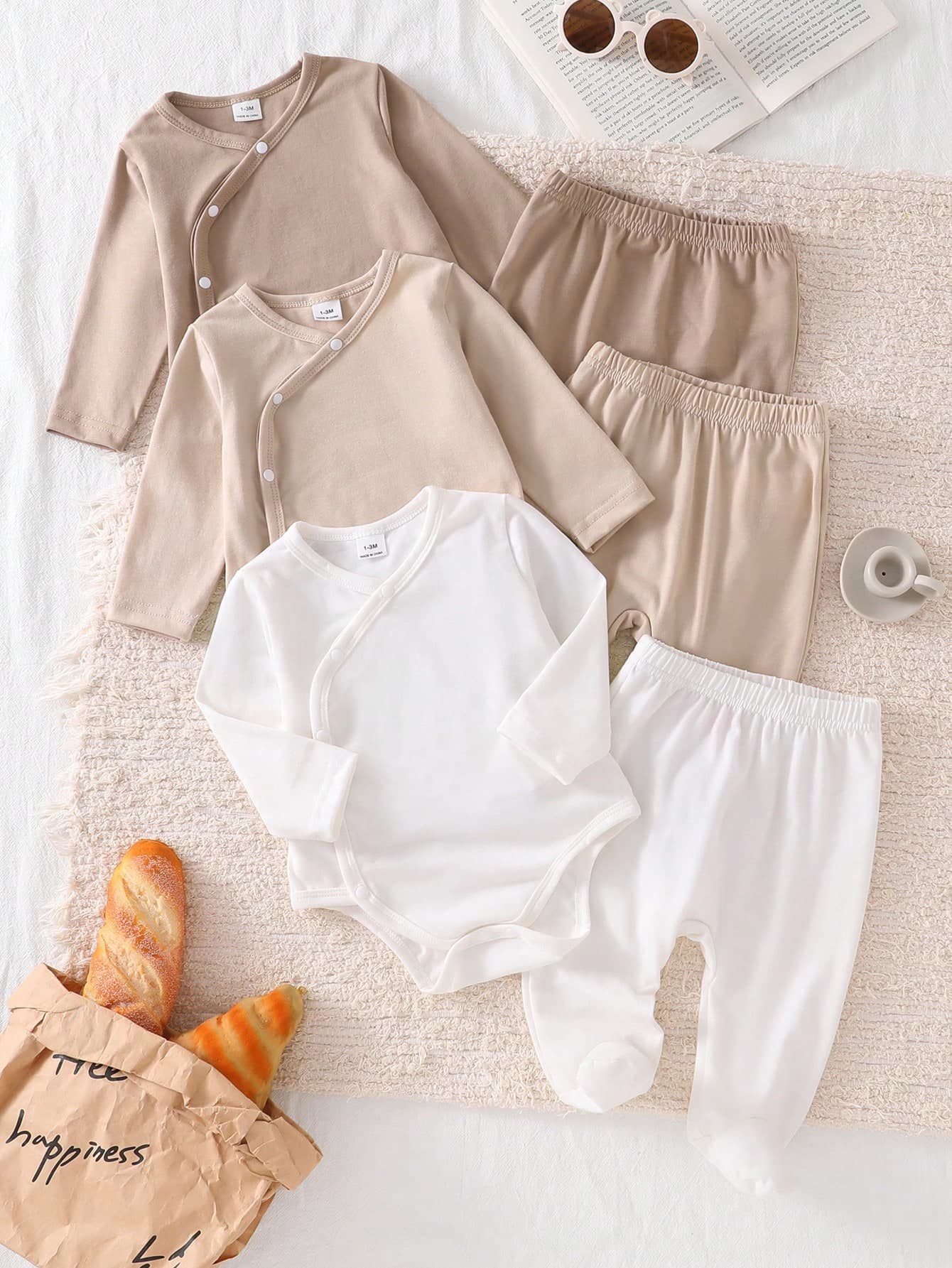 Souflis Souflis 6pcs/Set Newborn Baby Boys/Girls Solid Color Knitted Soft Round Neck Long Sleeve Top And Elastic Waist Pants Set, Fabric, Comfortable &