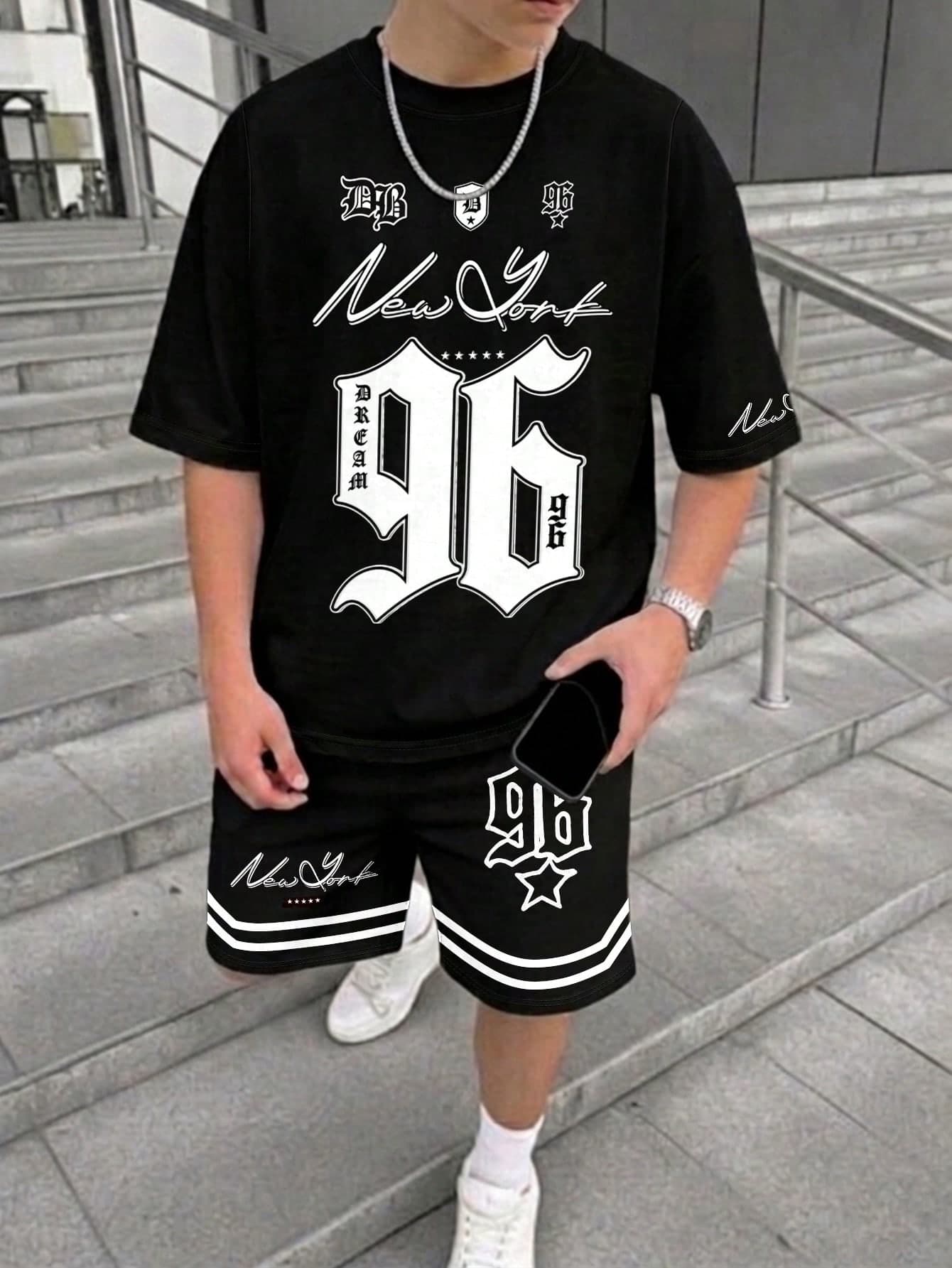 Teen Boy Summer Casual Letter & Number Print T-Shirt And Shorts Set