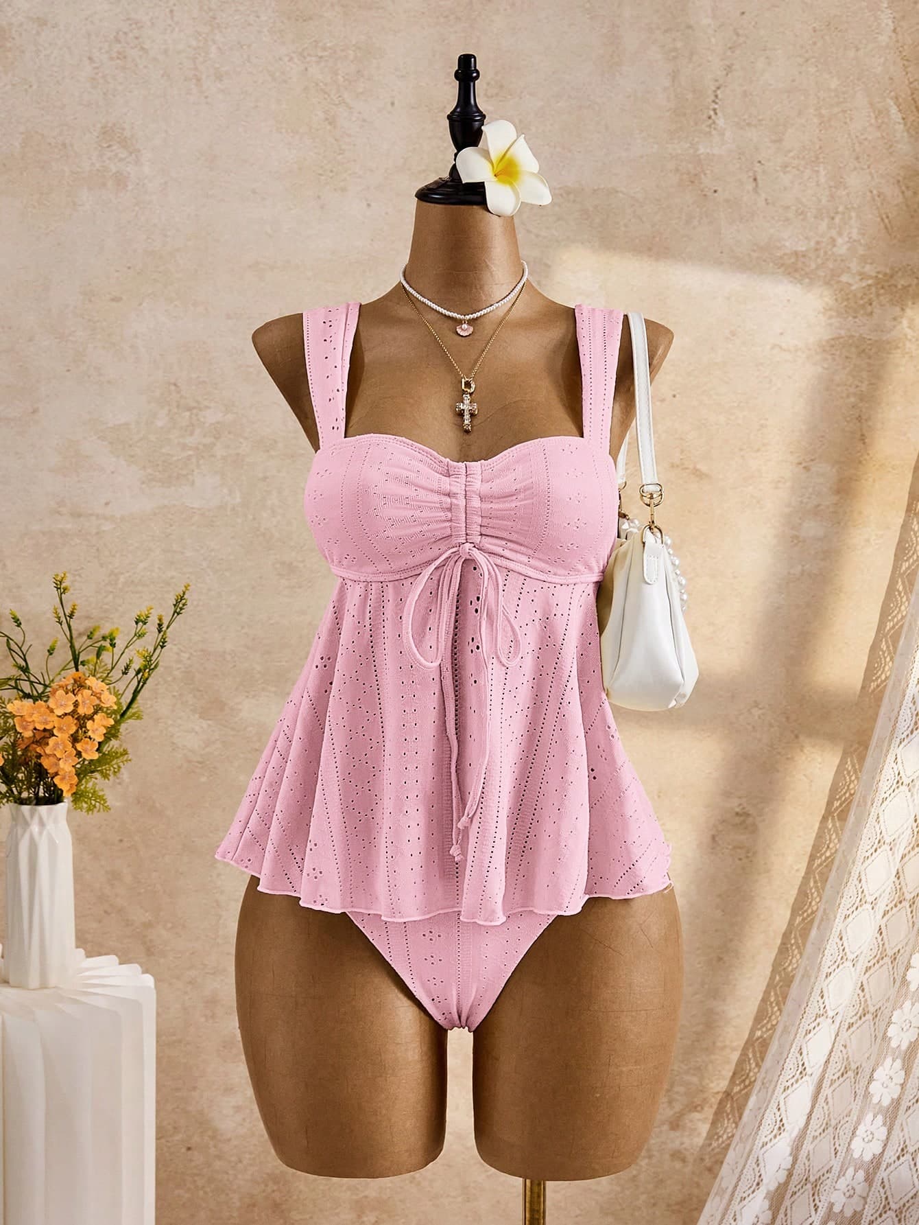 Bellisia 2026 New Women's Pink Summer Tropical Beach Holiday Tankini Set,Solid Color Jacquard Embroidered Swimwear,Boho Vacation Cruise Island Road Trip Tops