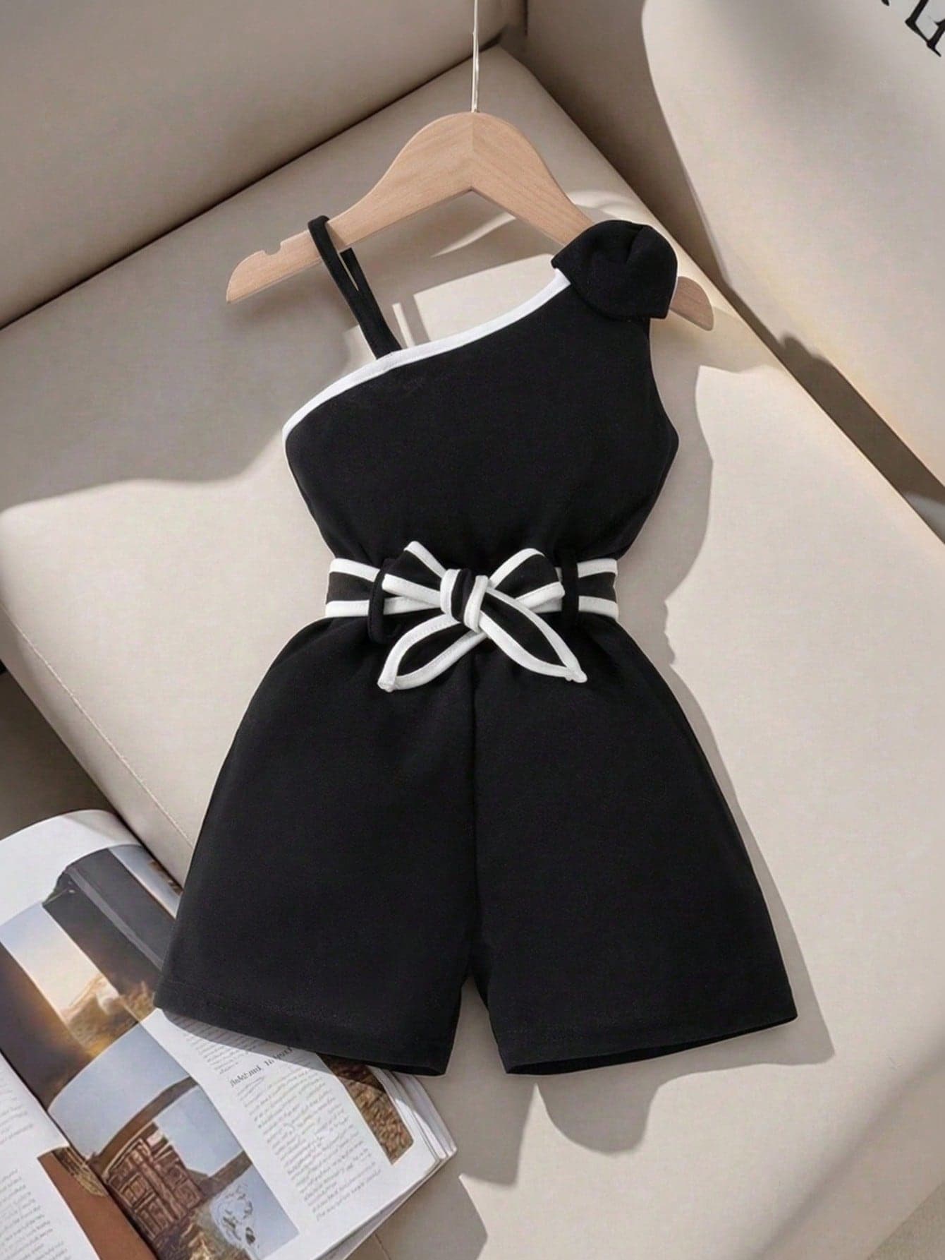 Young Girl Elegant Black Solid Color Jumpsuit,Spaghetti Straps,Bow And Belt Details,White Trim,Minimalist Comfortable Summer 7th Birthday Outfit