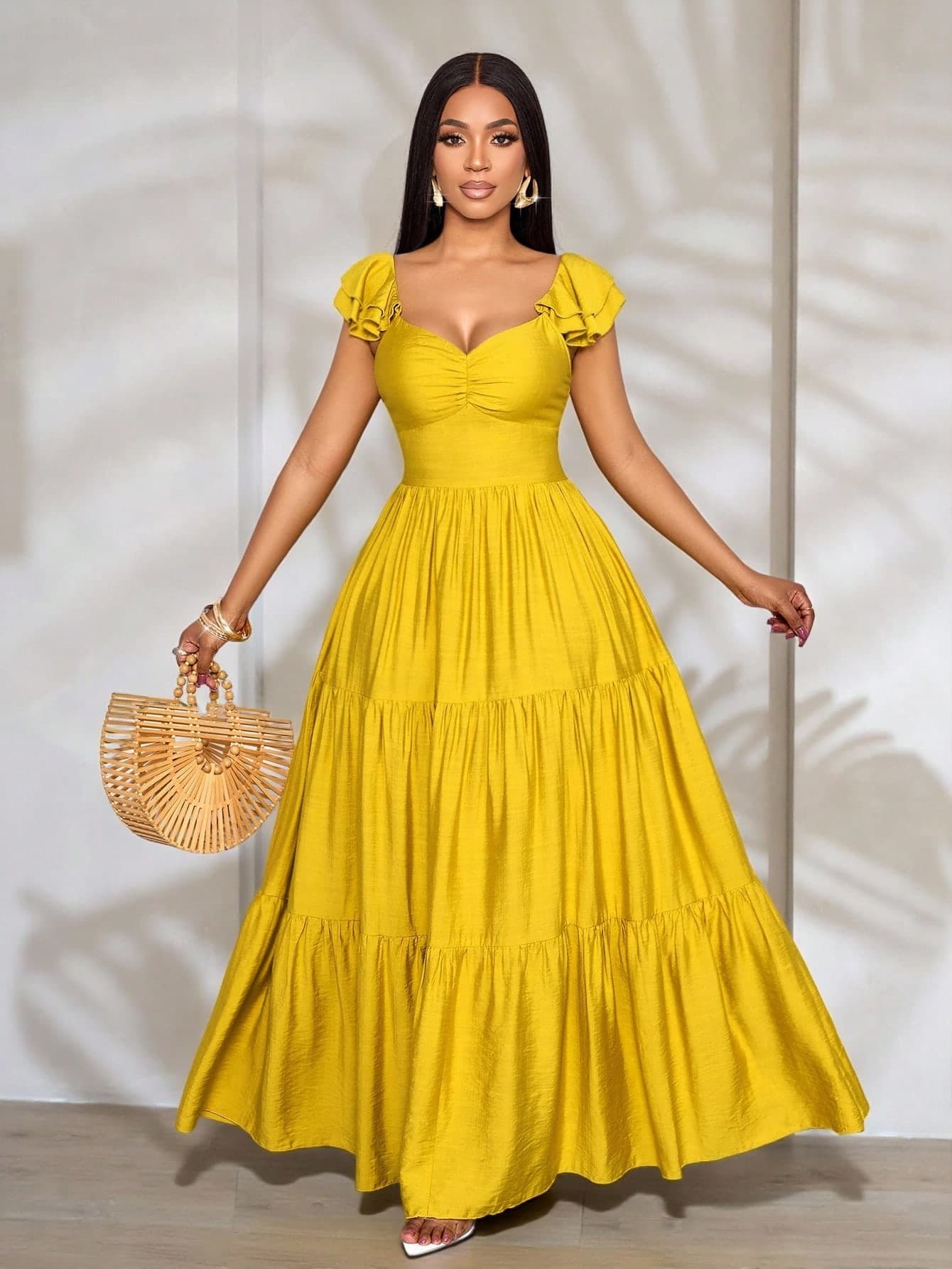 SOLERSUN Women's Elegant Mustard Yellow Summer Maxi Dress,Sweetheart Neck Pleated Chic A-Line Boho Flowing Swing Dress For Holiday,Tea Party,Beach Vacation