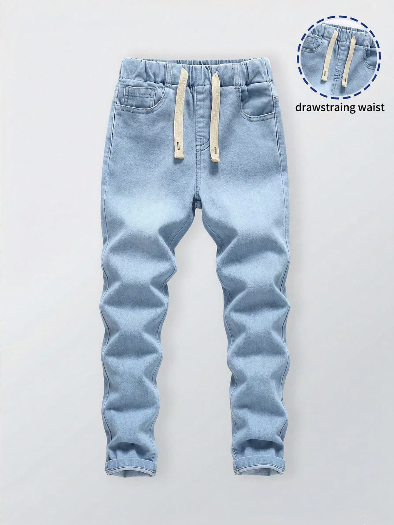 SHEIN Mirajuku Teen Boys Light Blue Slim Fit Jeans,Elastic Drawstring Waistband Cotton Denim Pants,Breathable Casual Street Style For Back-To-School And Graduation