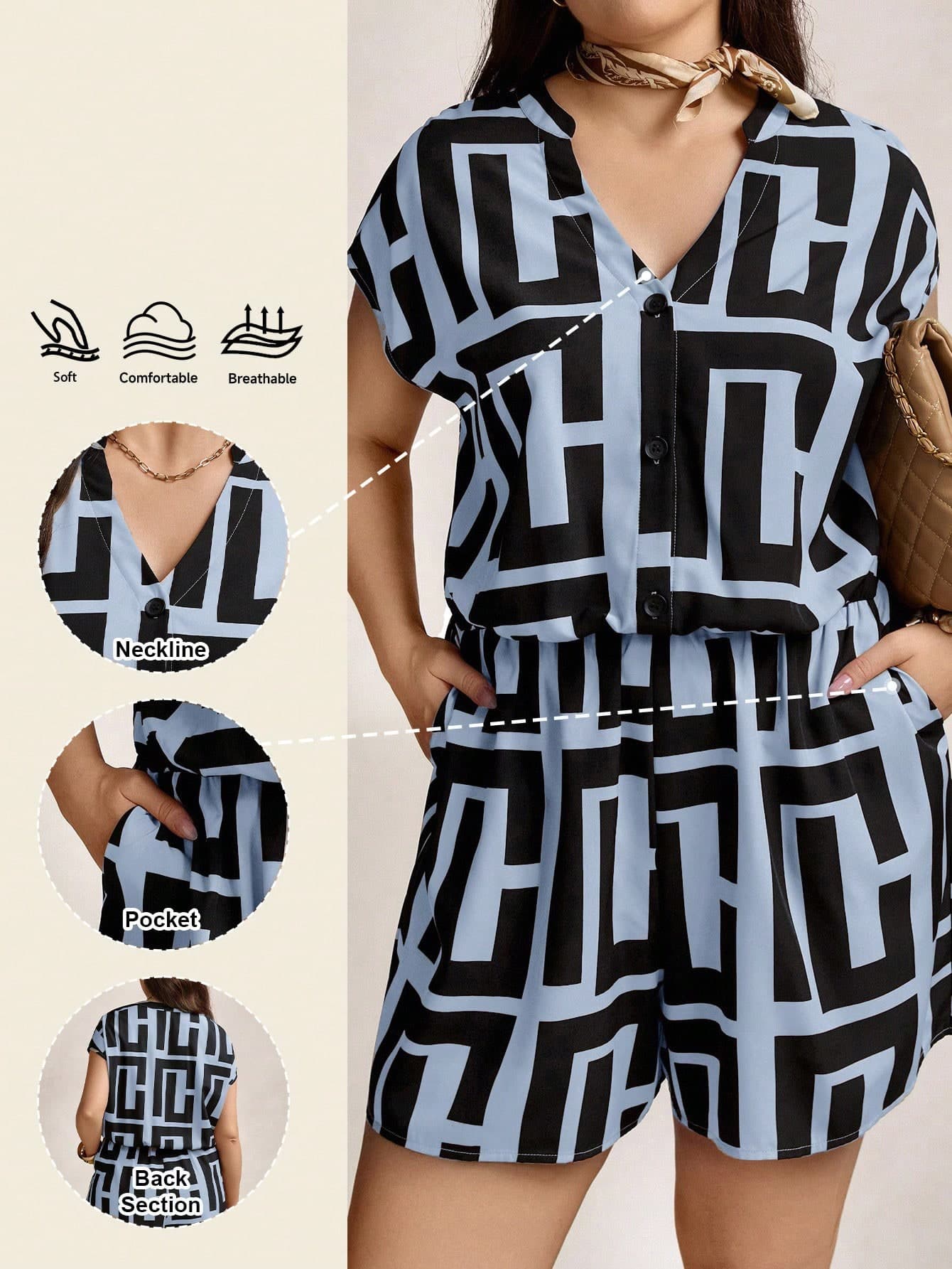 Zelara Light Blue Summer Plus-Size Jumpsuit For Women,Smart Casual Vacation 2 Pieces Set,Asymmetrical Geometric Print Navycore Outfit,Coastal Nautical Coords
