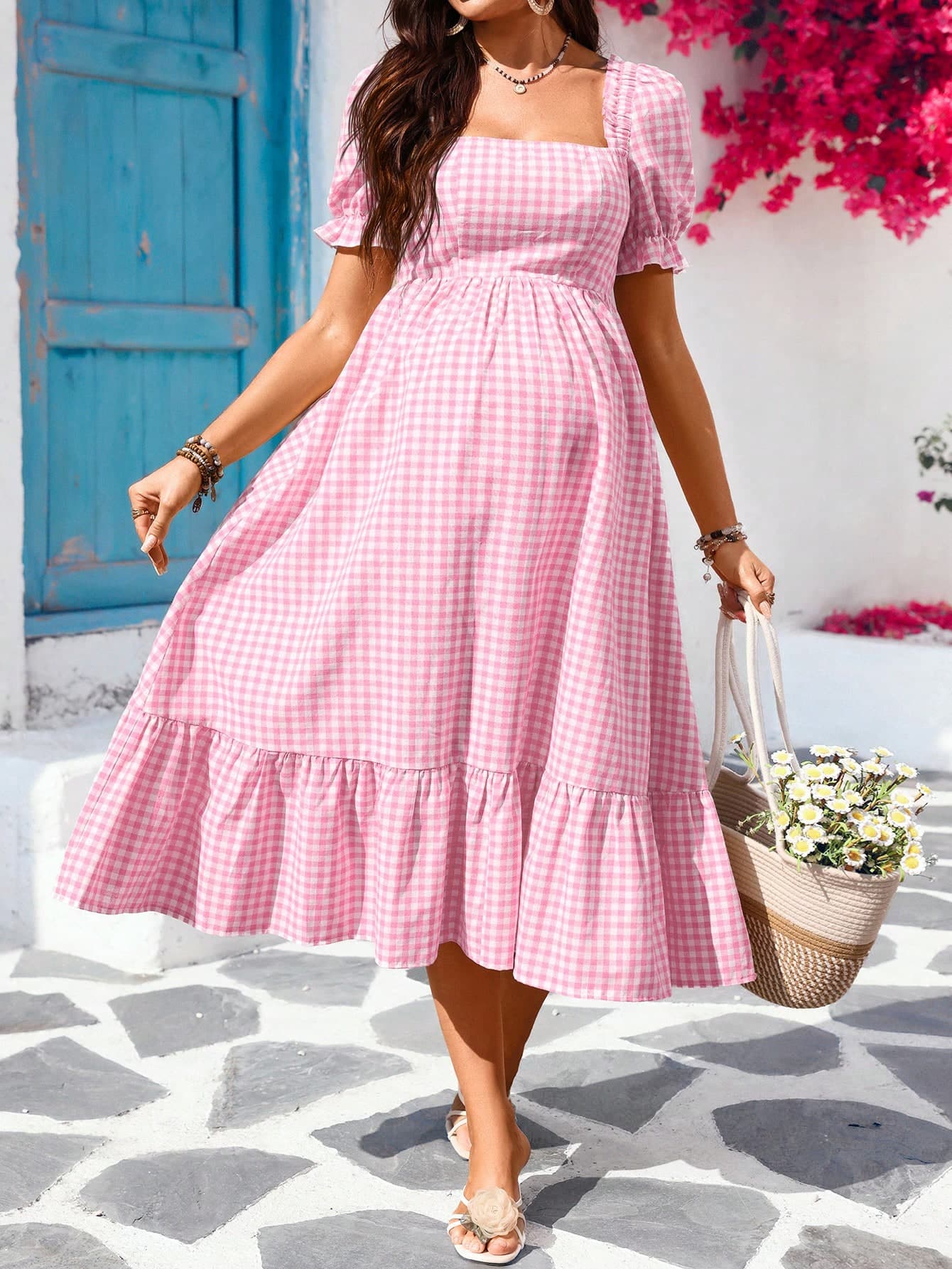 SHEIN Maternity Casual Plaid Ruffle Hem Dress
