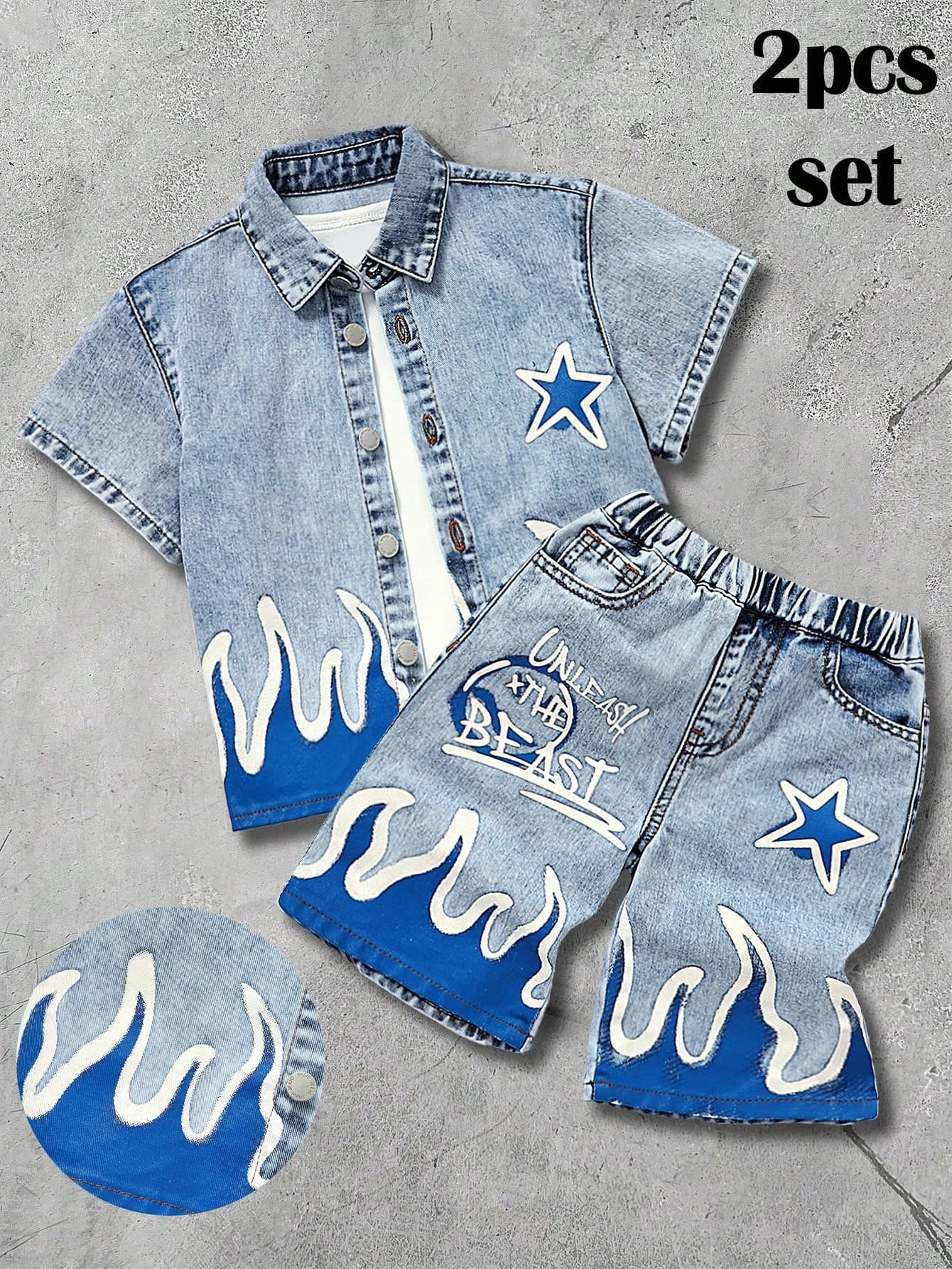 2pcs/Set Young Boy New Fashion Distressed Street Cool Style Graffiti Flame Print Loose Fit Blue Denim Short Sleeve Shirt And Long Jeans Shorts Set Spring Summer, For Kids Boy Spring/Summer Dailywear Outfits,Boys Streetwear Outfits,Beach Vacation Outfits For Boys,Boys Summer Boho Outfits,Casual Clothes For Boys,Graphic Jeans Boys,Toddler Two-Piece Set,4-Year-Old Boys Two-Piece Set,Summer Two-Piece Set,Casual Two-Piece Set