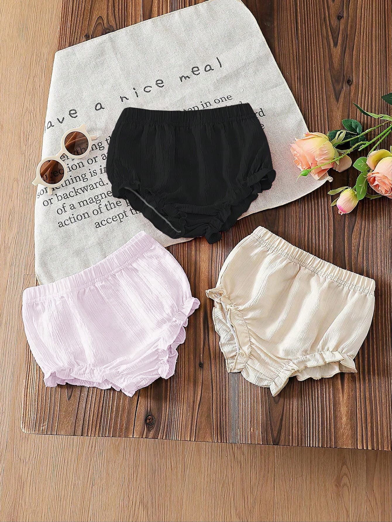 Vintaside Kids 3pcs/Set Baby Girl Summer Cute Soft Shorts,Solid Apricot,Pink,Black And Cream,Minimalist Loose Fit,Suitable For Outdoor Play,Holiday & Casual Wear