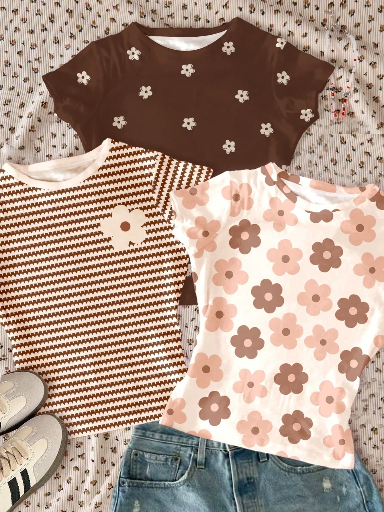 3pcs/Set Teen Girl Blue Butterfly Summer Cute Graduation Floral Cream Brown Stripe Mocha Minimalist Crew Neck Short Sleeve T-Shirt Set
