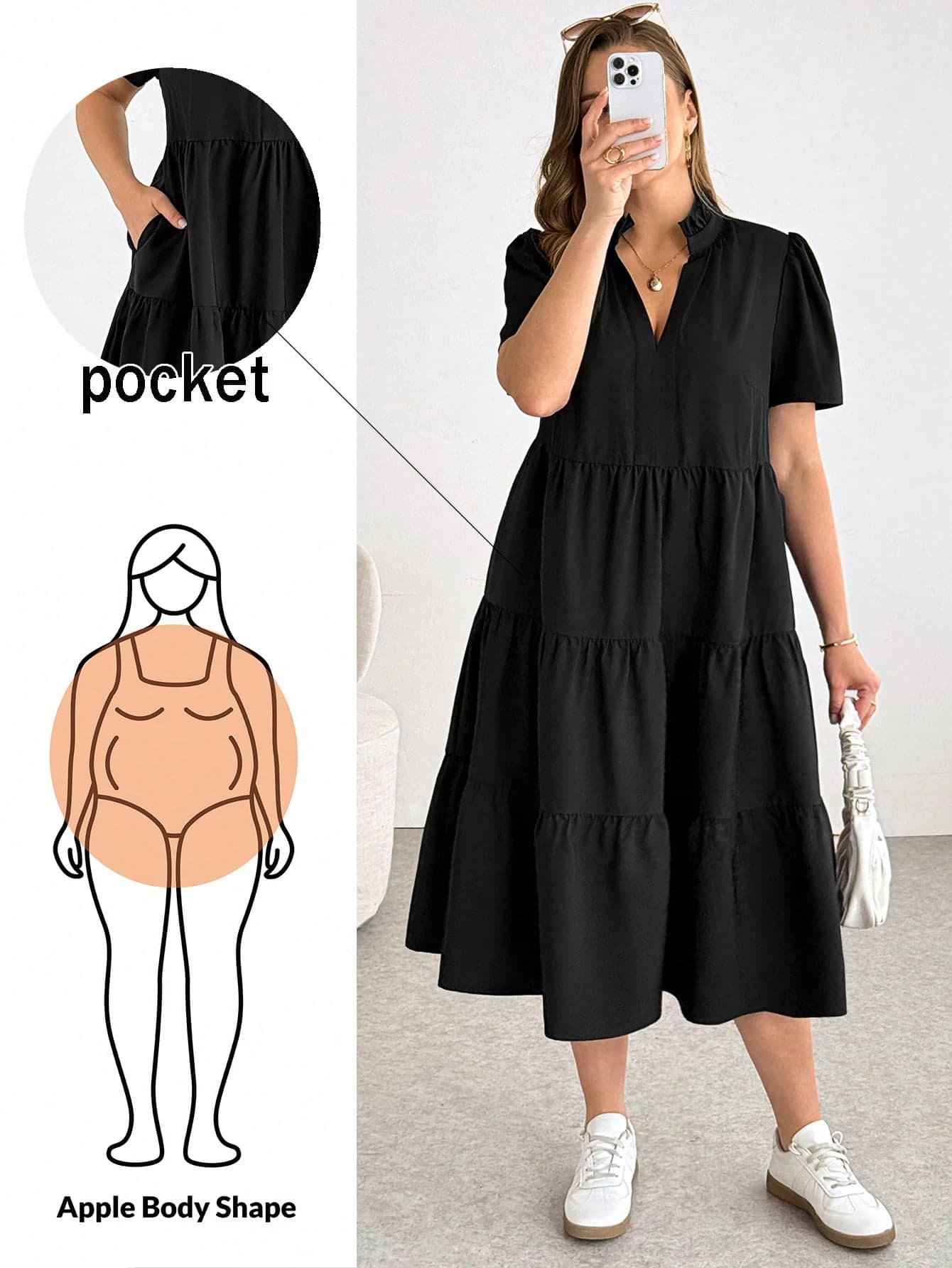 Shapeblank Women's Plus-Size Black Midi Dress,Short-Sleeved Pocket Tiered Dress,French Style Casual Loose Smart Casual Vacation Sommar Fashion Elegant Outfits