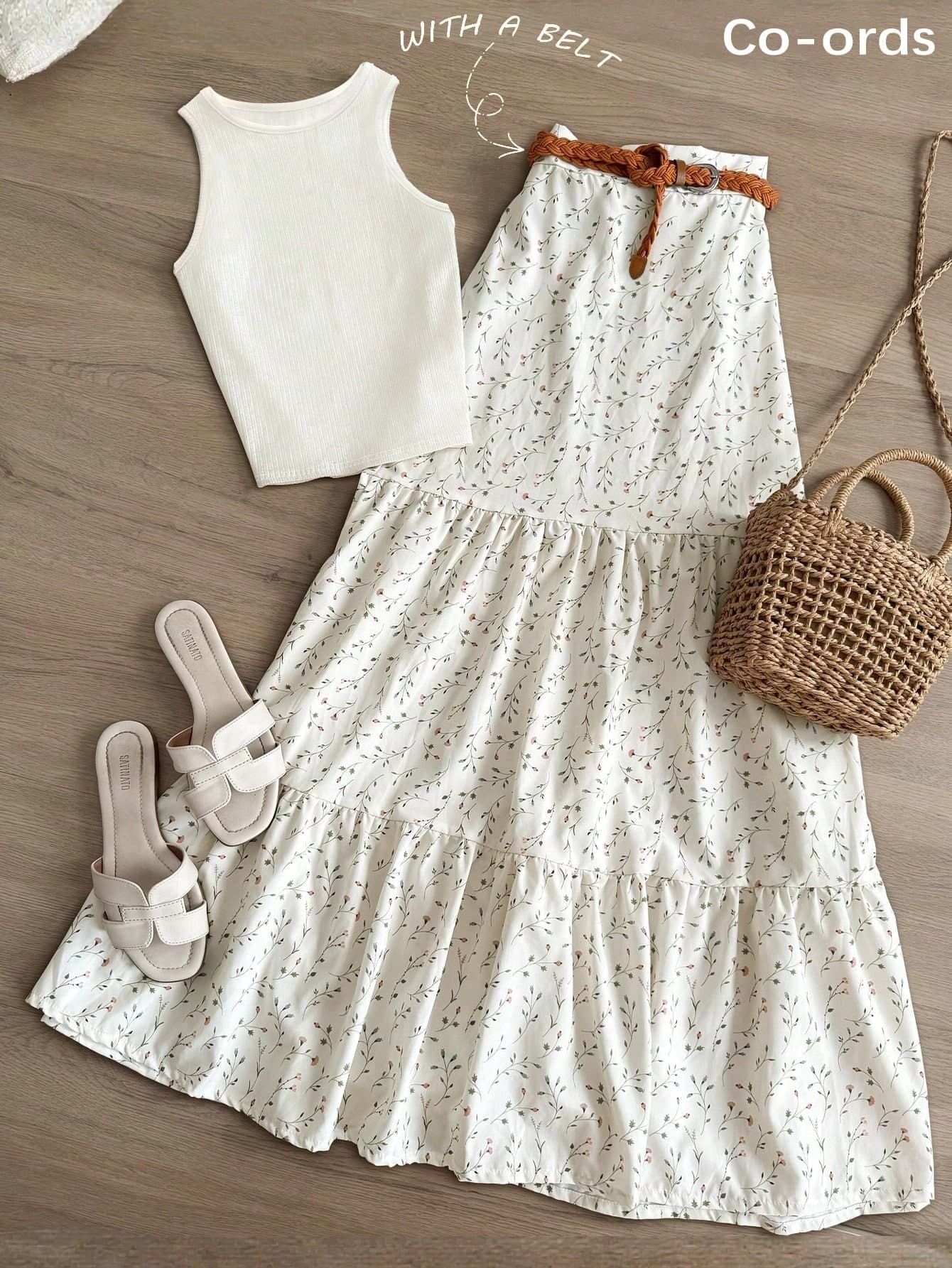 Franclia 2pcs/Set Vacation Casual Solid Color Tank Top & Ditsy Floral Skirt
