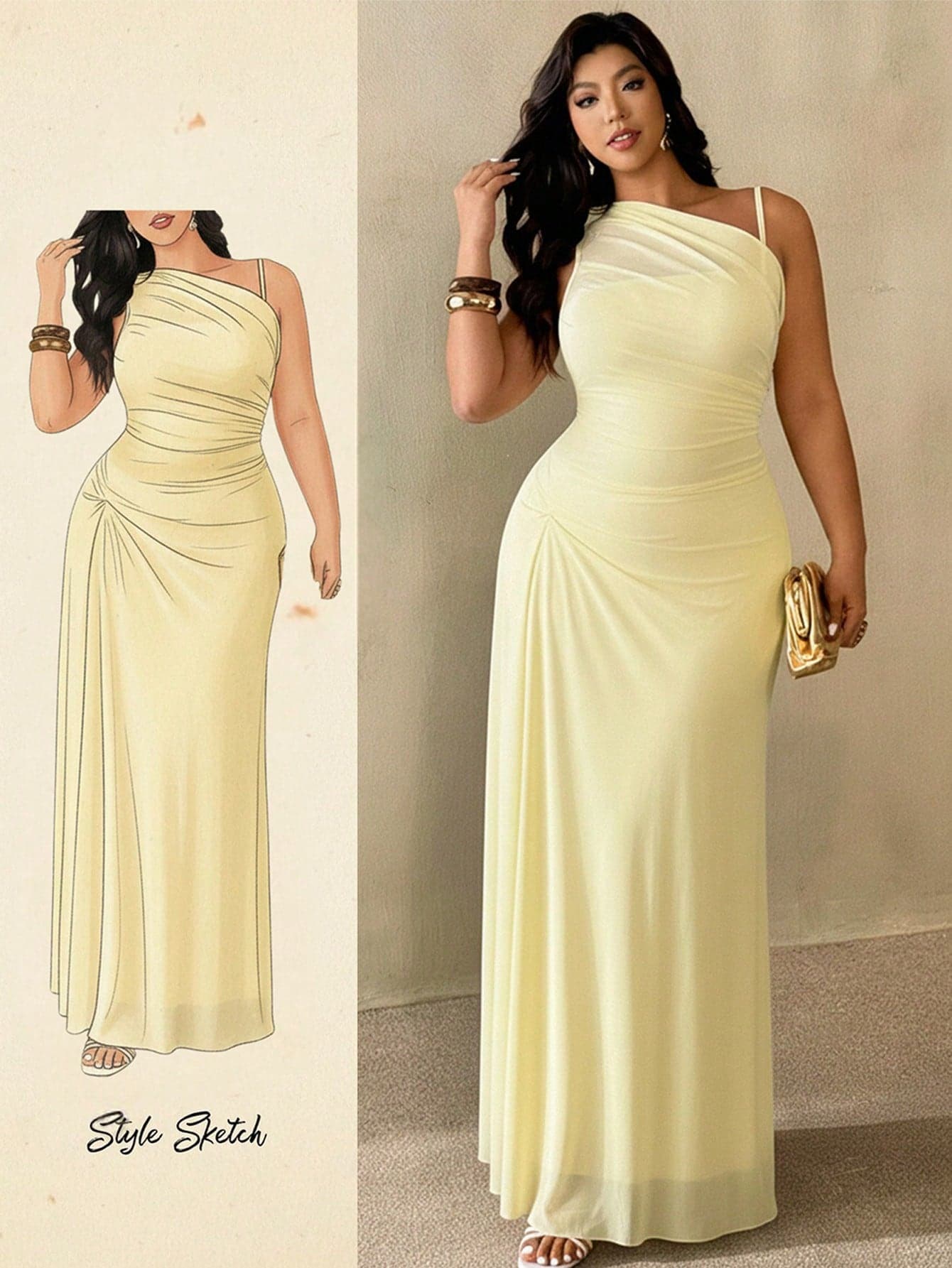 Auralis Plus Size Women's Elegant Summer Yellow Formal Dress,Sleeveless Asymmetric Neckline Ruched Bodycon Maxi Mesh Wedding Guest Dress For Office Beach