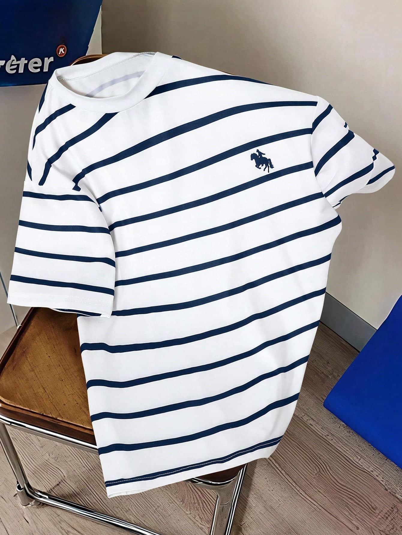 Mirajuku 1pc Men & Teenage Boys' Casual Minimalist Knit Striped Crew Neck T-Shirt,Slim Fit Navy Summer Graduation Back-To-School Comfortable Versatile Tee