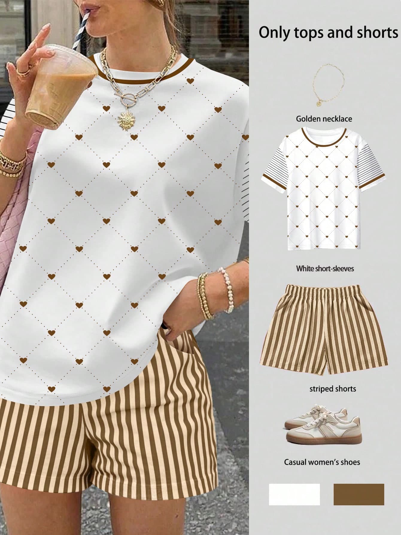 SHEIN PariChic 2pcs/Set Heart & Diamond Print Striped Sleeve T-Shirt + Vertical Striped Shorts, Y2K Retro Style