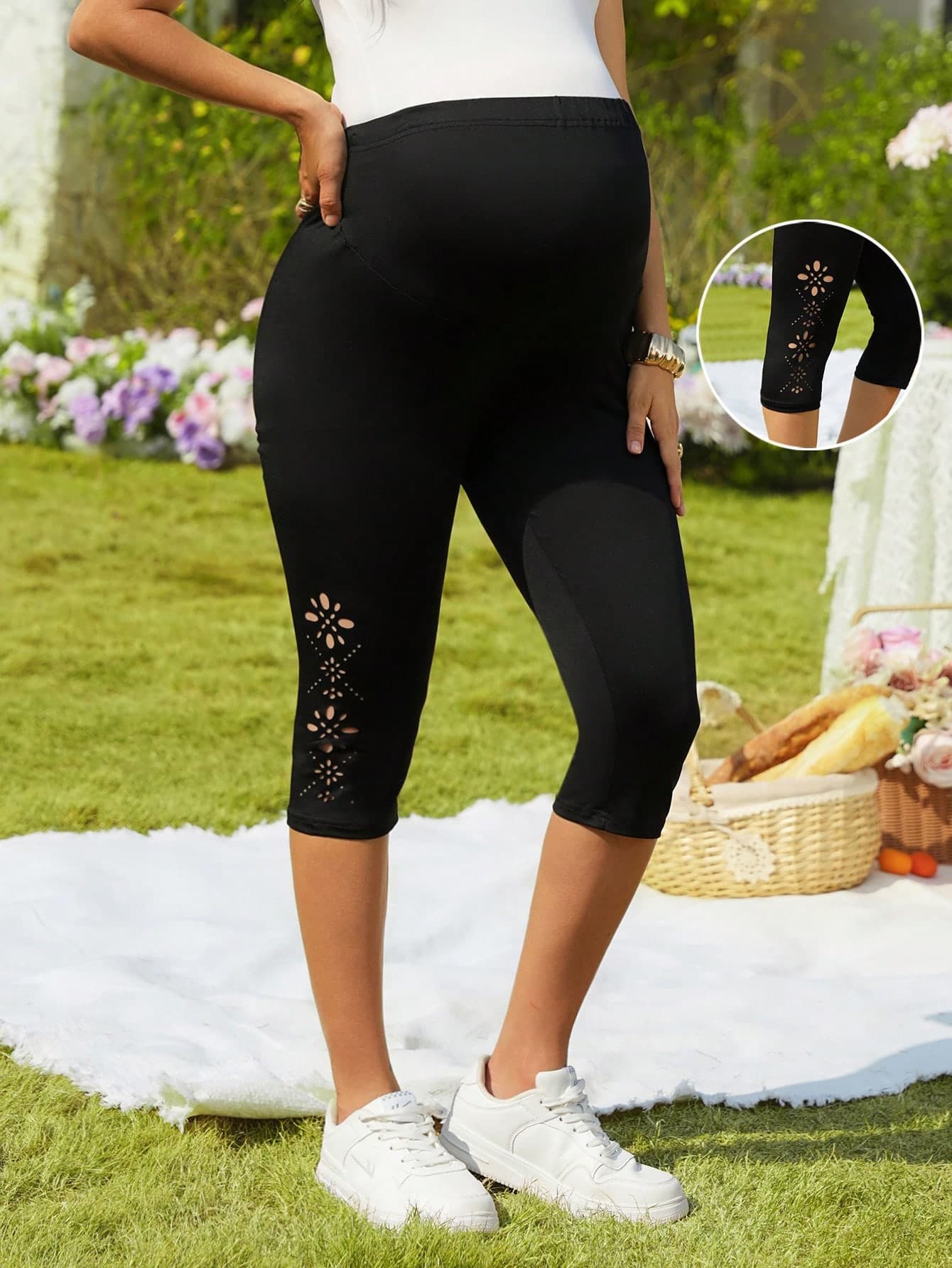 SHEIN Maternity Solid Color Hollow Out Design Casual Versatile 3/4 Leggings